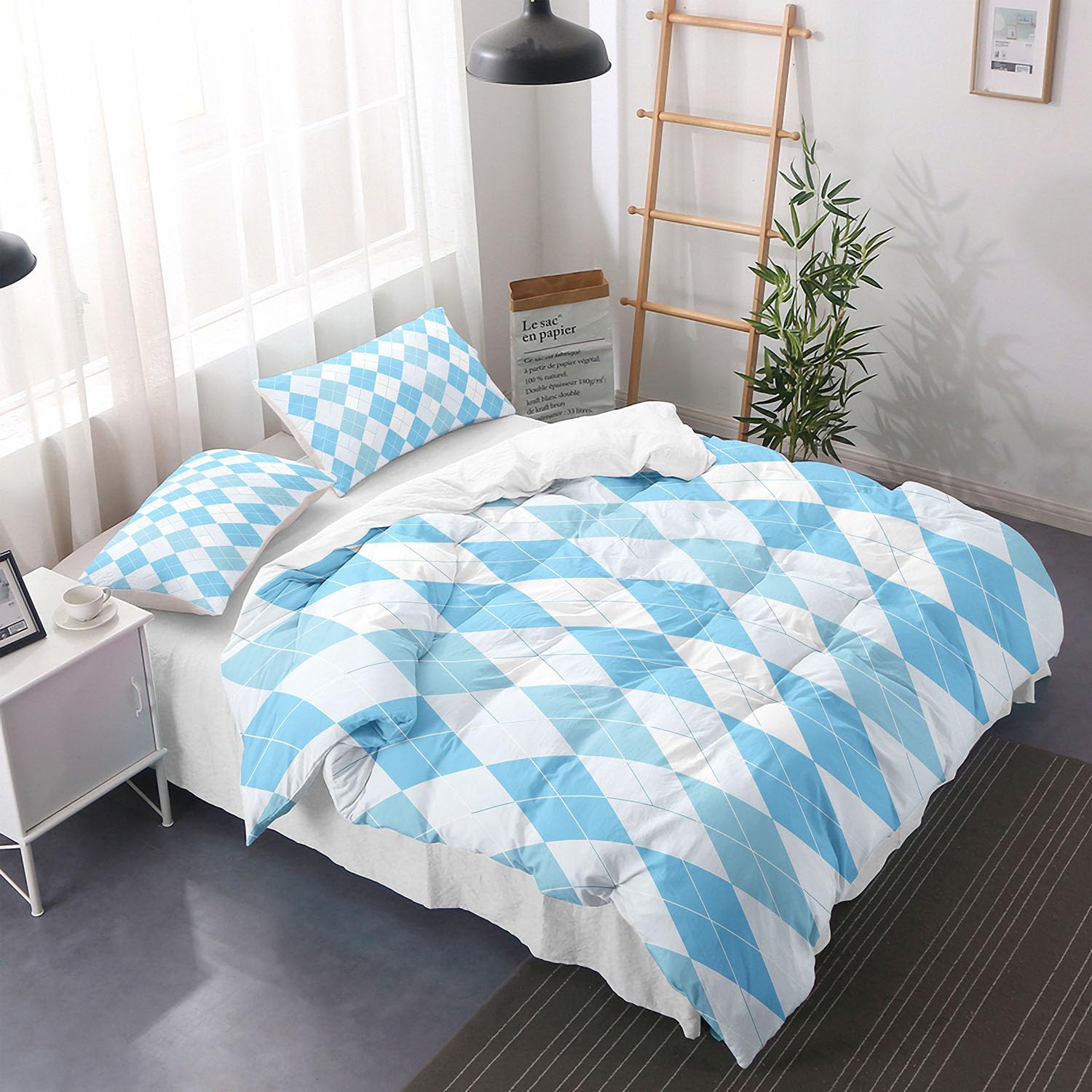 Copripiumino Singolo con Motivo Geometrico A Rombi Blu e Bianco, Set di Biancheria da Letto Giapponese Carino Per Bambini, Ragazzi e Adulti, Copripiumino Patchwork Moderno e Semplice Per Tutte Le St