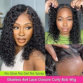 GOLFMAX Glueless Wigs Human Hair Pre Plucked Pre Cut 4X4 Lace Closure Bob Wig Human Hair Deep Wave Curly Short Bob Wig 14 Inch Wet and Wavy Lace Front Wigs With Elastic Band