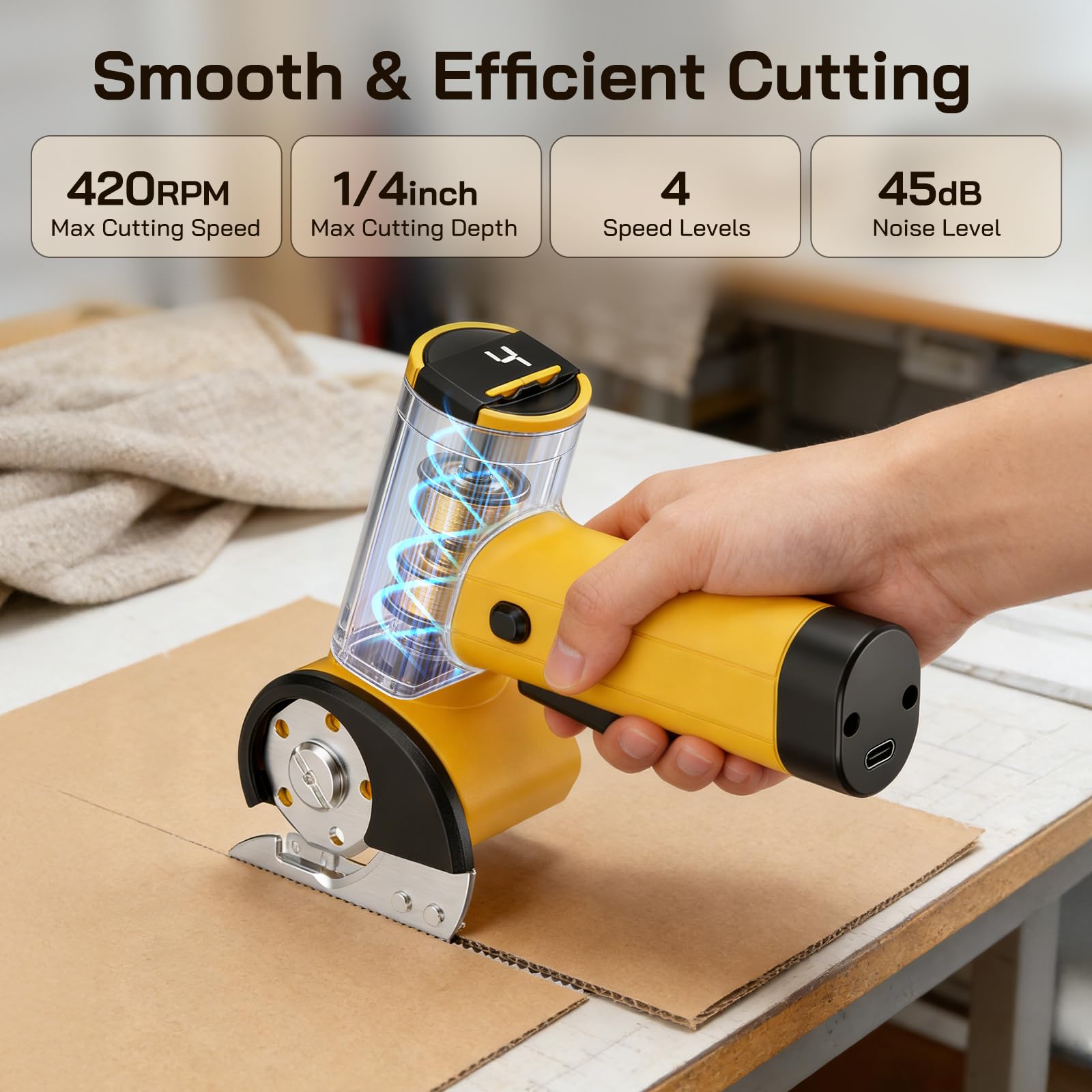 Cortacartón inalámbrico 420 RPM, tijeras eléctricas con 2 cuchillas, pantalla LED y digital, 4 velocidades, cortadora rotativa para corte preciso de tela, cuero y cartón.