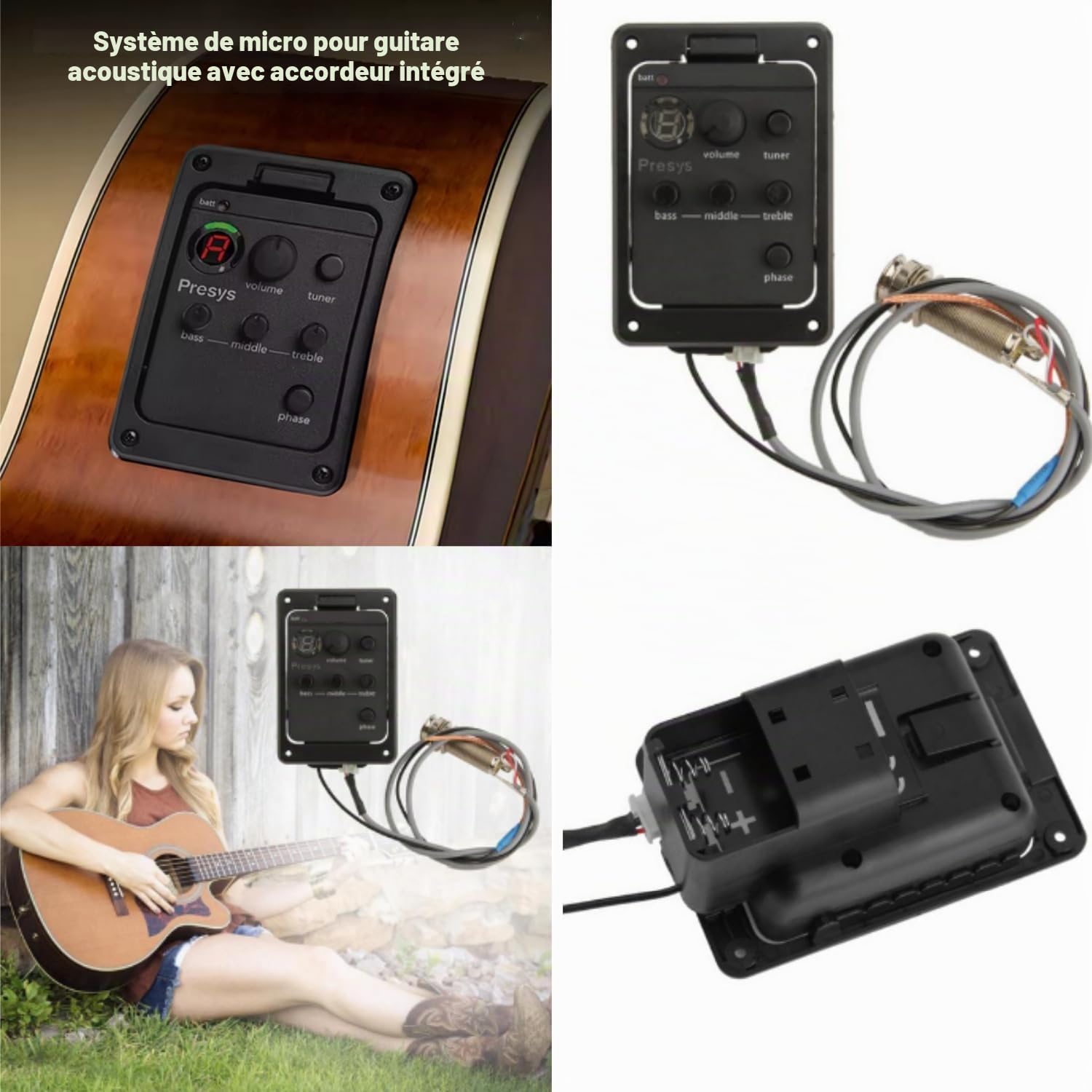 Préampli Guitare 3 Bandes Égaliseur de Guitare Acoustique Égaliseur Intégré Préampli Micro Tuner Outil de Guitare
