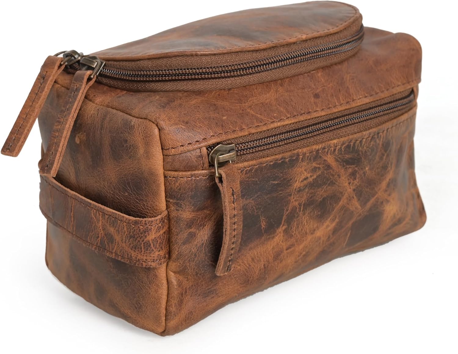 Real Grain Leather Toiletry Bag for Men Dopp kit with Waterproof Lining, Toiletries Organizer, Grooming Travel Pouch, Bathroom Shaving Kit Zipper Bag (Small)