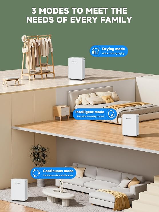 Dehumidifier, 12L/Day Dehumidifiers for Home with timer, filter screen and child safety lock, Intelligent/Drying/Continuous Mode, Energy saving, silent, targeting fungi and humidity