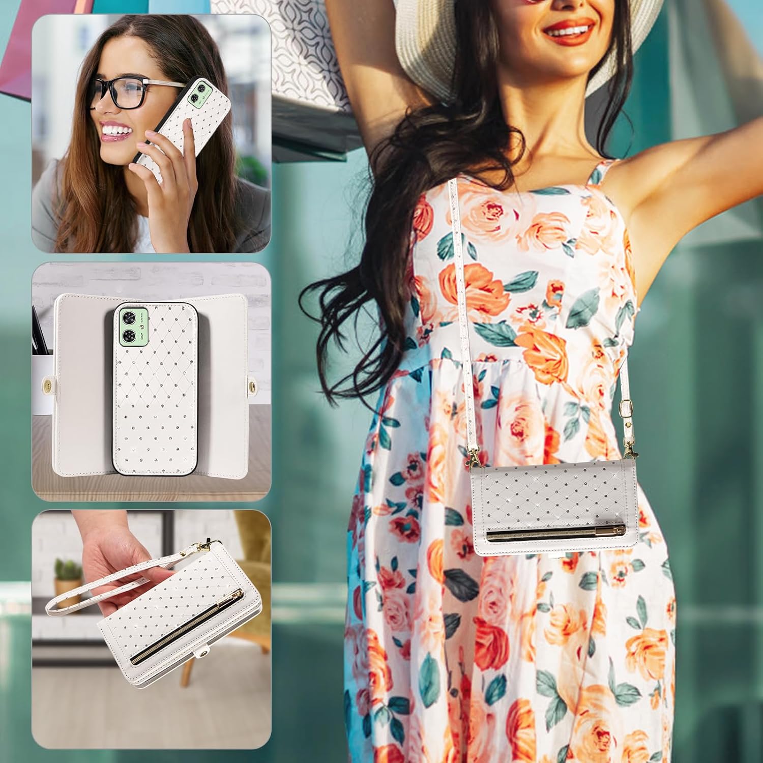 Asuwish Phone Case for Motorola Moto G54 5G Zipper Wallet Detachable Magnetic Cell Cover with Tempered Glass Screen Protector Crossbody Strap Bling Flip Credit Card Holder G 54 2023 Women Girls White