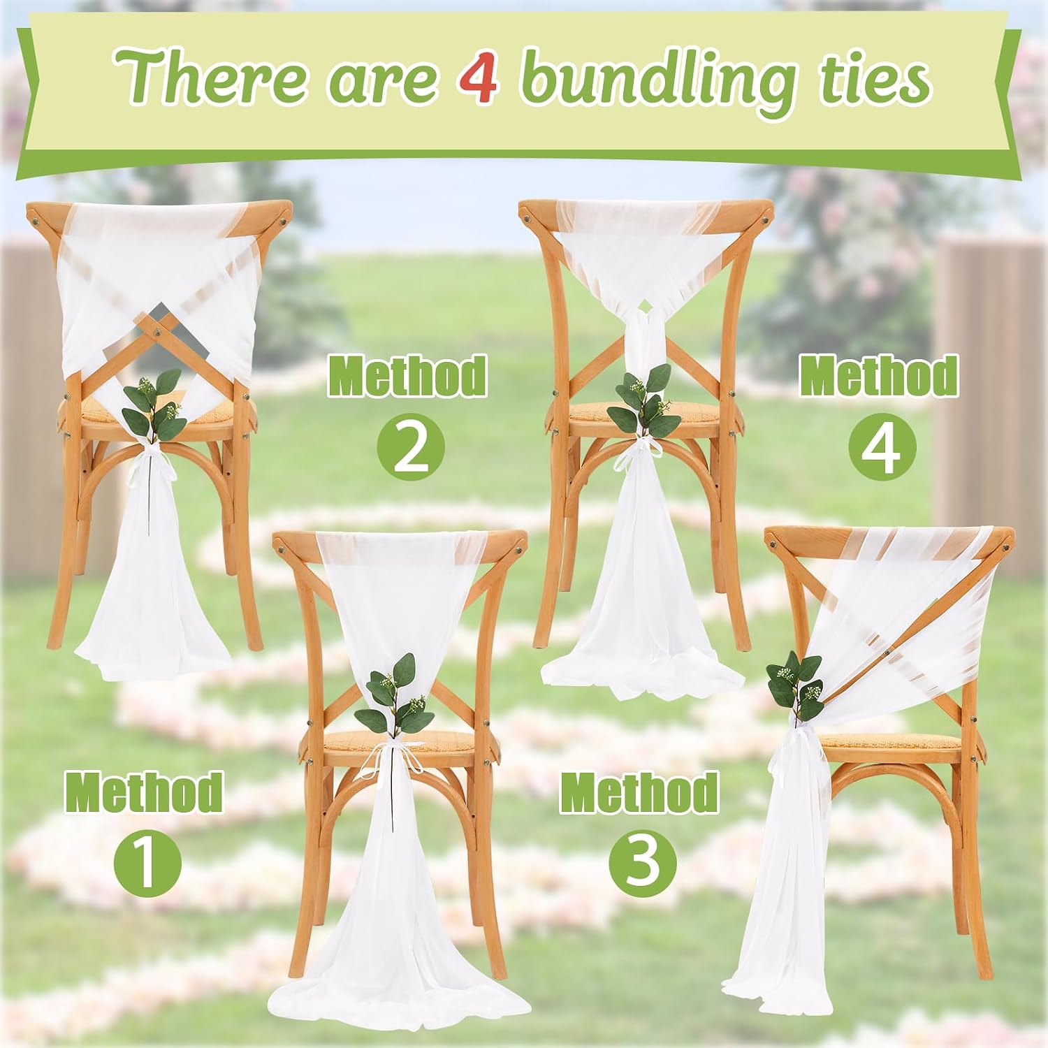 YOUMEHOME Wedding Aisle Decor - 36 Packs White Chair Sash Bows SashesTie Back Sheer Drapes Fabric Chairs Covers for Wedding Aisle Bulk Party Reception