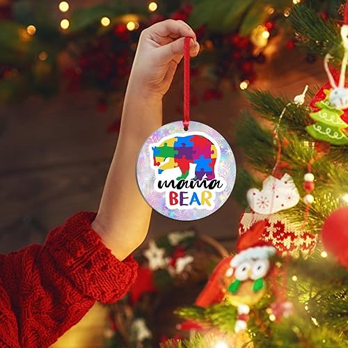 Miniatura 2 de Mama Bear Holiday Keepsake Acrylic Christmas Ornament Puzzle Pieces Autism Ornaments for Christmas Tree Mama Bear Autism Colorful Puzzle Bear