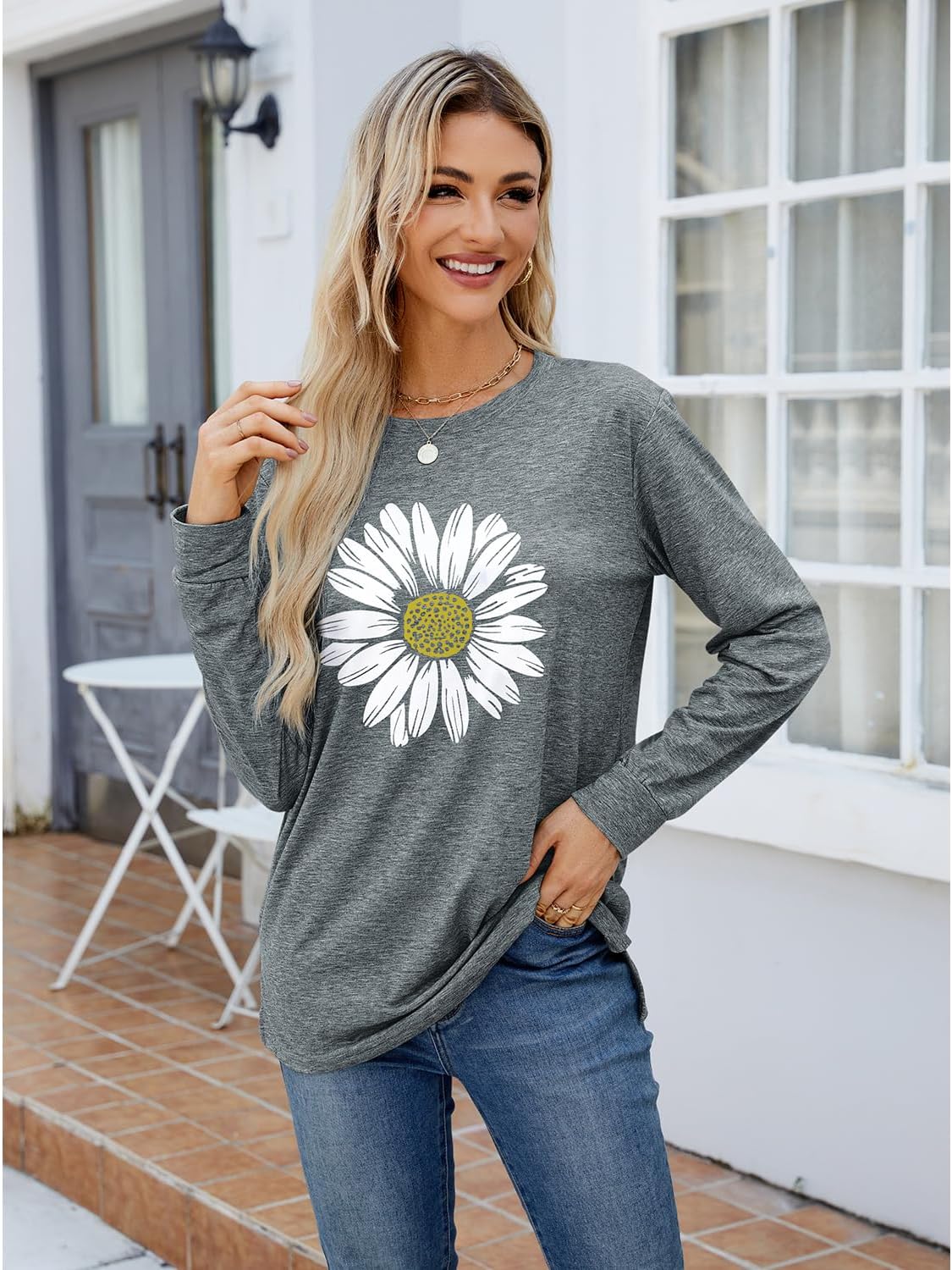 Women's Sunflower Graphic Long Sleeve Fashion Floral Printed Casual Cotton Tee Tops Cute Funny Tees Shirt - Image 2