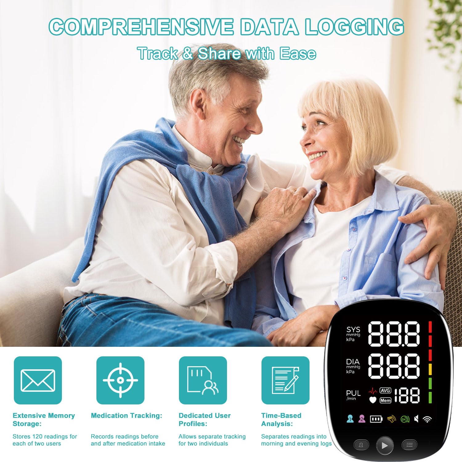 Automatic Arm Blood Pressure Monitor for Home Use - with Adjustable Large Cuff (8.7"-17.3"), Bluetooth App Tracking, LED Display 2 Users 240 Sets Memory, Hypertension Detector