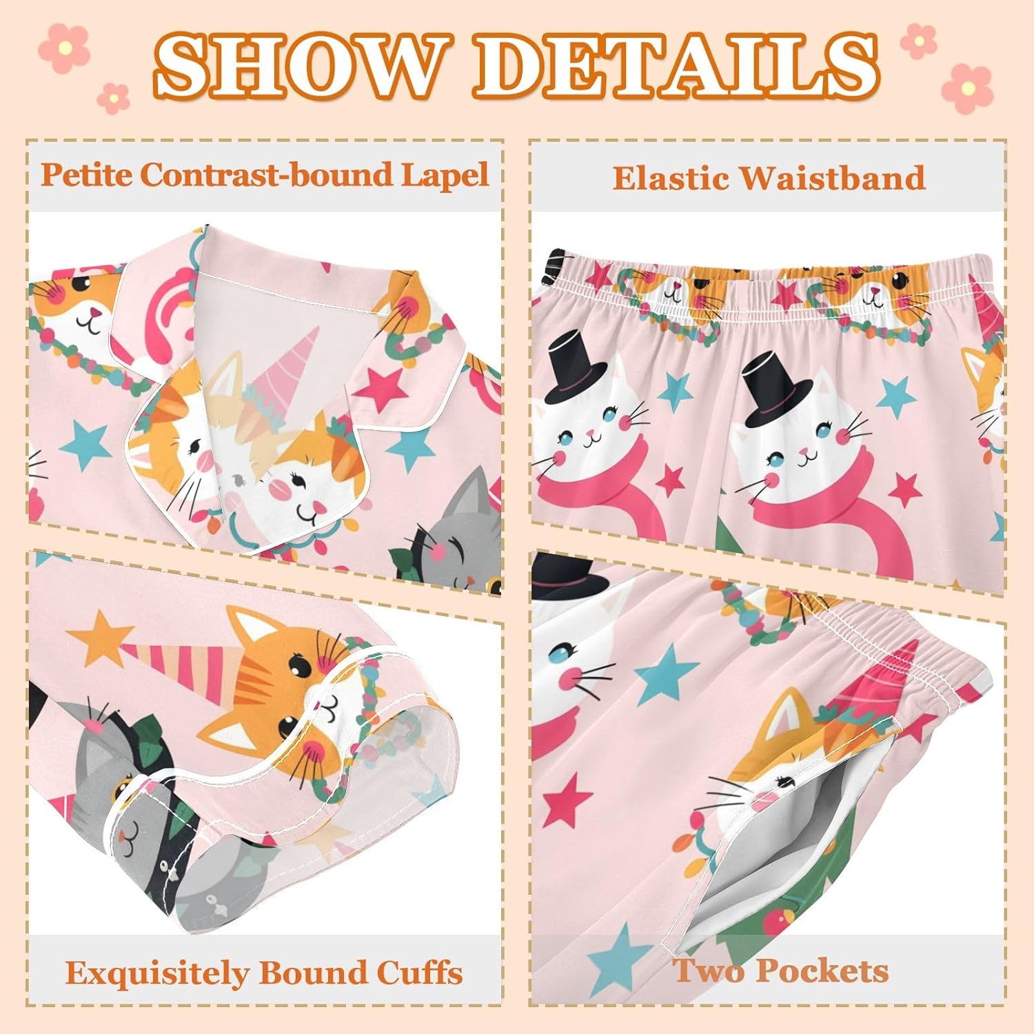 Kids Casual Satin Wear Set Cute Christmas Cat Pattern Unisex Relaxed Fit Clothing