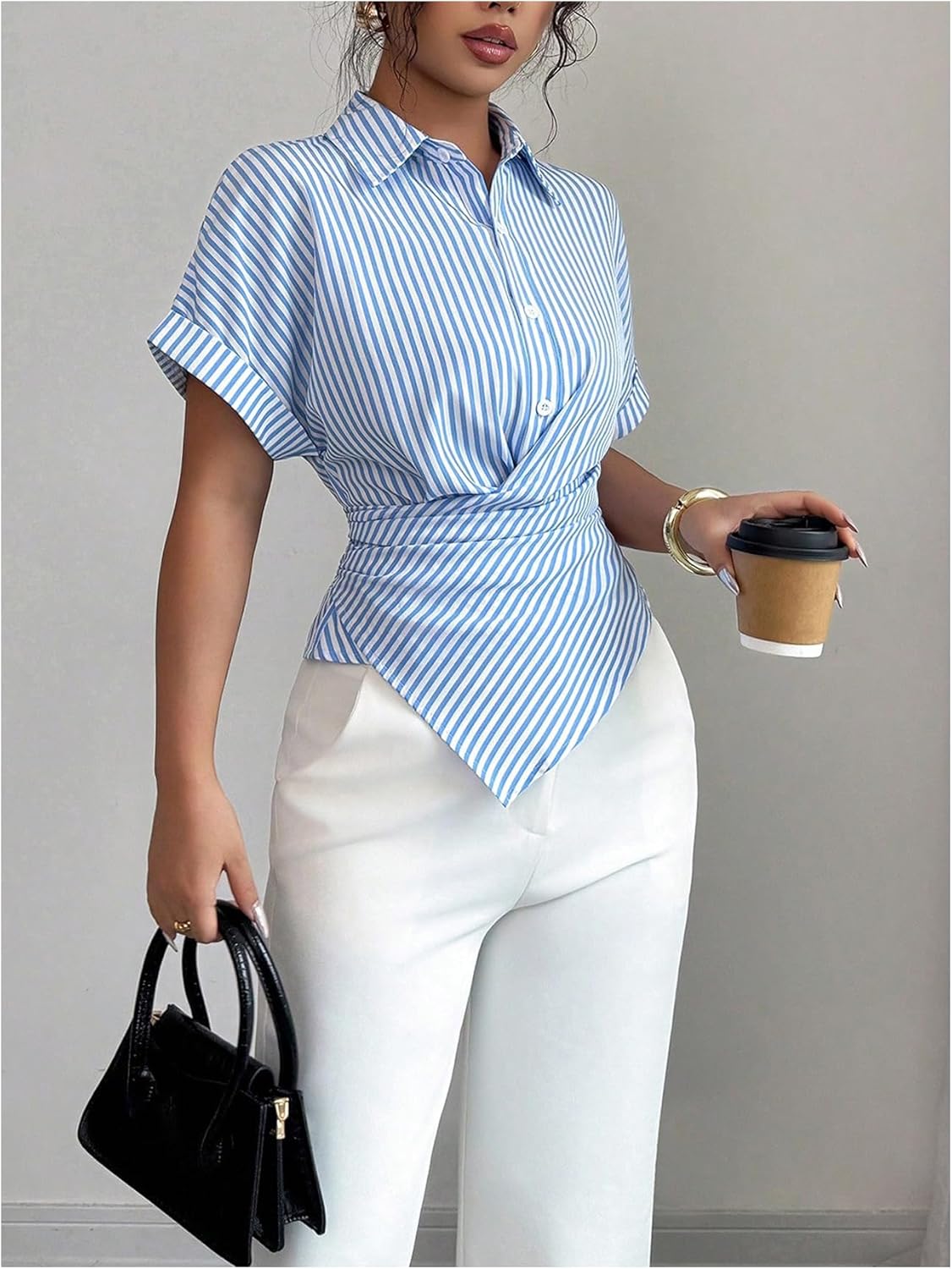 SweatyRocks Women's Short Sleeve Button Down Collared Blouse Striped Wrap Tie Asymmetrical Top - Image 5