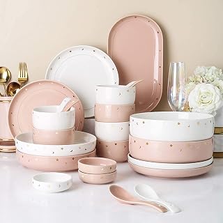 Classic Ceramics Dinner Sets, 42 Pieces Simple Phnom Penh Cereal Bowl and Steak Plate Set - Porcelain Dinnerware Set for Wedding Gifts and Family Gathering,pinkwhite,