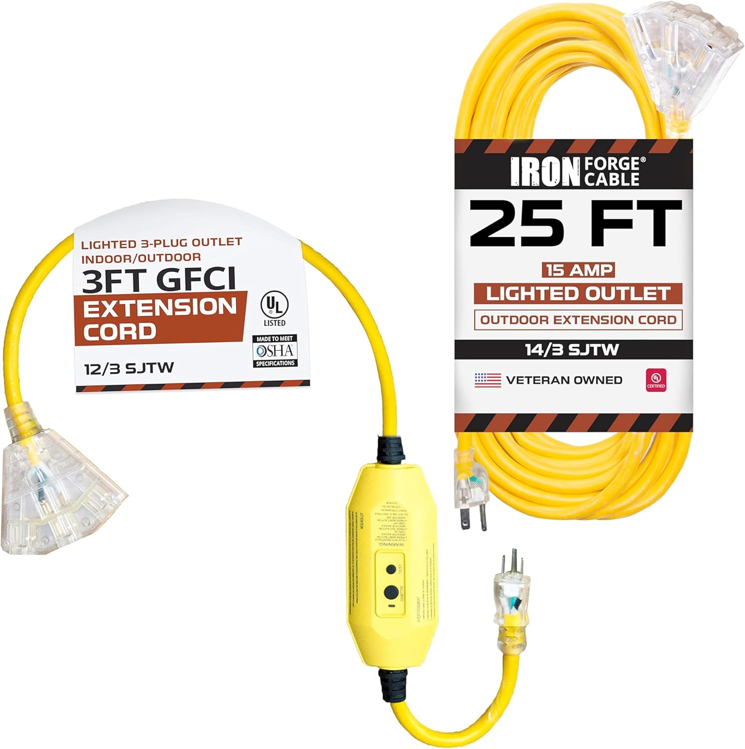 IRON FORGE CABLE 3Ft Lighted Outdoor GFCI Extension Cord 3 Outlets - 12/3 SJTW Heavy Duty Yellow Pigtail Cable & 25ft Lighted Yellow Outdoor Extension Cord 3 Outlet - 14/3 SJTW 15 Amp Multiple Outlet