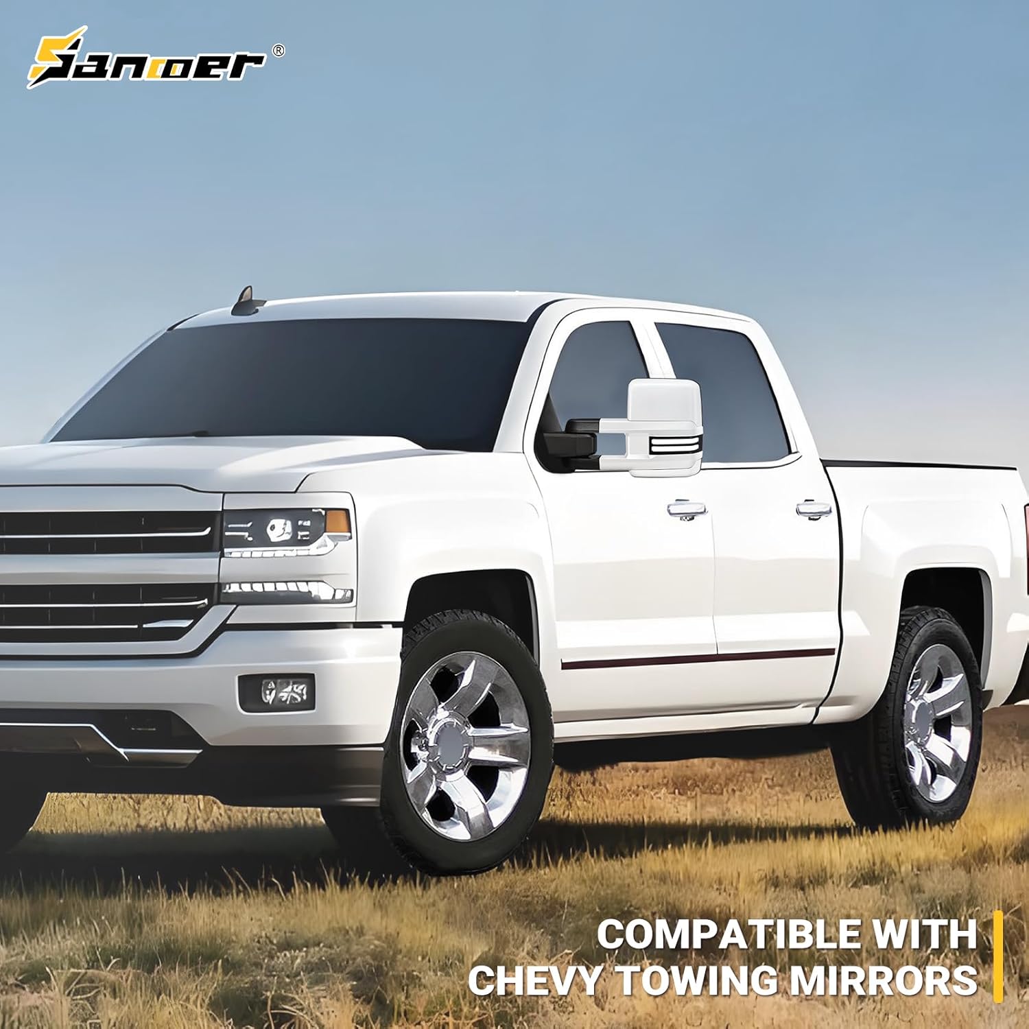 Sanooer Painted White Tow Mirror Switchback Lights Compatible with 2014-2018 Chevy Silverado GMC Sierra with Signal Running Lights Power Glass Backup Temp Sensor Pair Towing Mirror