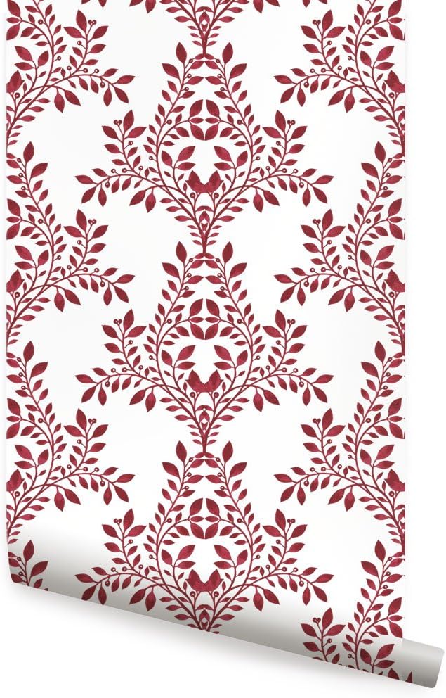 Simple Shapes Damask Leaves Wallpaper - Peel and Stick (6 Pack (2x9 feet), Red)