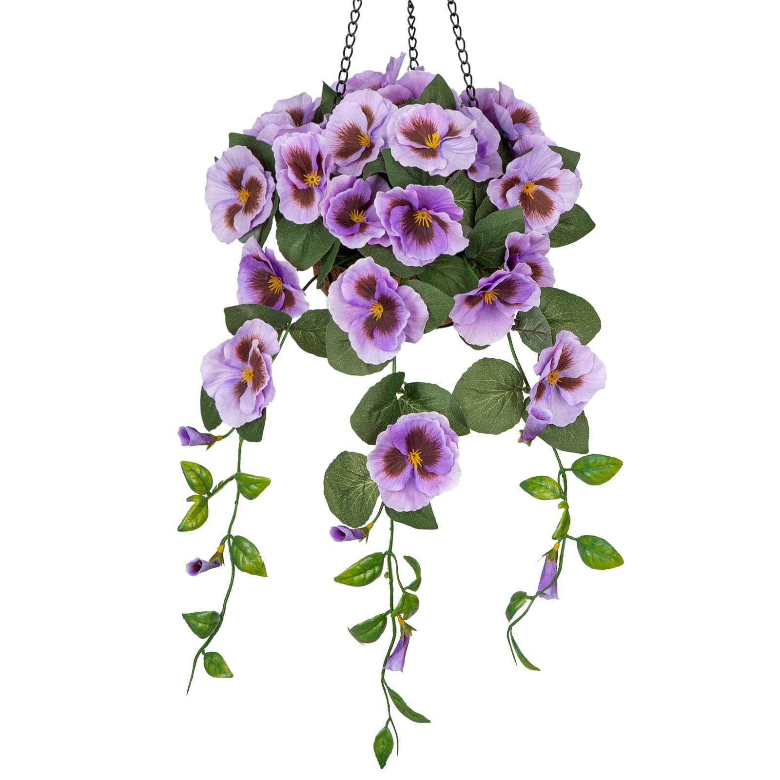 Hollyone 17.7" Hanging Basket Artificial Flowers Outdoor, Silk Pansies Purple Fake Flowers