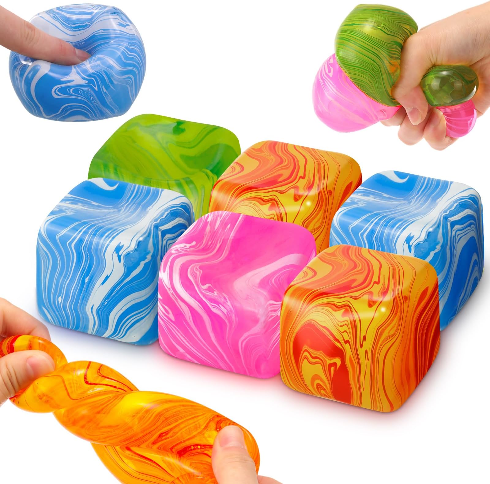- 6 Pack Fidget Stress Cube Stress Ball Ice Cube Sensory Squeeze Blocks Anxiety Relief Sugar Balls for Party Favors Prizes Goodie Bag Stuffers (Gradient Flowing Style)