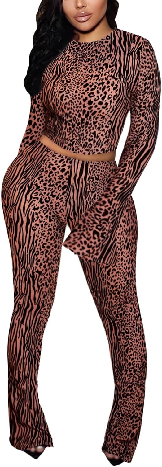 Kafiloe Club Outfits for Women Sexy 2 Piece Sets Going Out Mesh Long Sleeve Crop Top Bodycon Flare Pants Clubwear