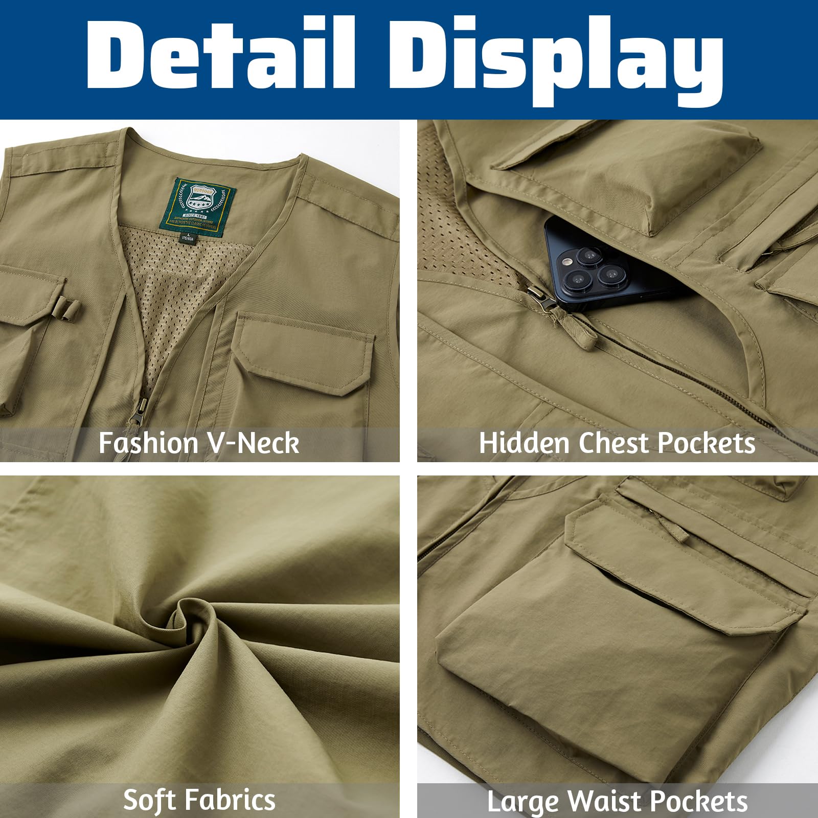Homme Gilet de pêche en Multi-Poches Léger Respirant à Séchage Rapide Gilets De Plein air Loisirs sans Manche Veste de Sport Été Décontracté Manteau pour Camping Chasse Photographie Veste