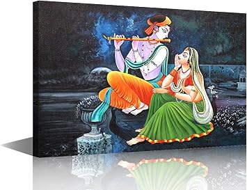 1 Panel Radha Krishna Pictures for Living Room Hinduism Canvas Wall Art House Decor Indian God Modern Office Wall Decor Flute Hindu Religiou Framed Large Wall Art for Home Bedroom, 24"Wx36"H