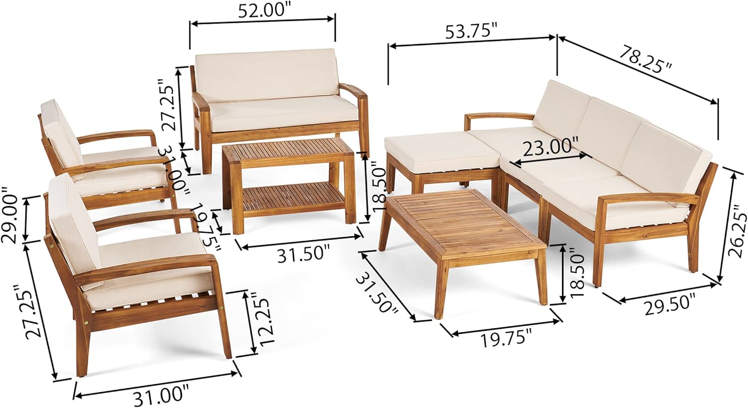 Diagram showing detailed dimensions of each furniture piece in the GDFStudio 7-Seater Sectional Sofa Set