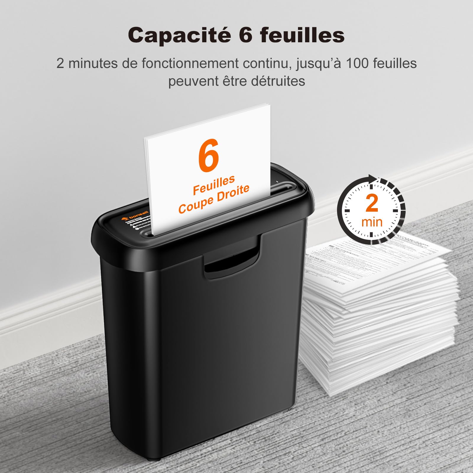 Bonsaii Destructeur de Documents Bras télescopique, déchiqueteuse Coupe en Bandes, 6 Feuilles, 9 litres, Niveau sécurité P2