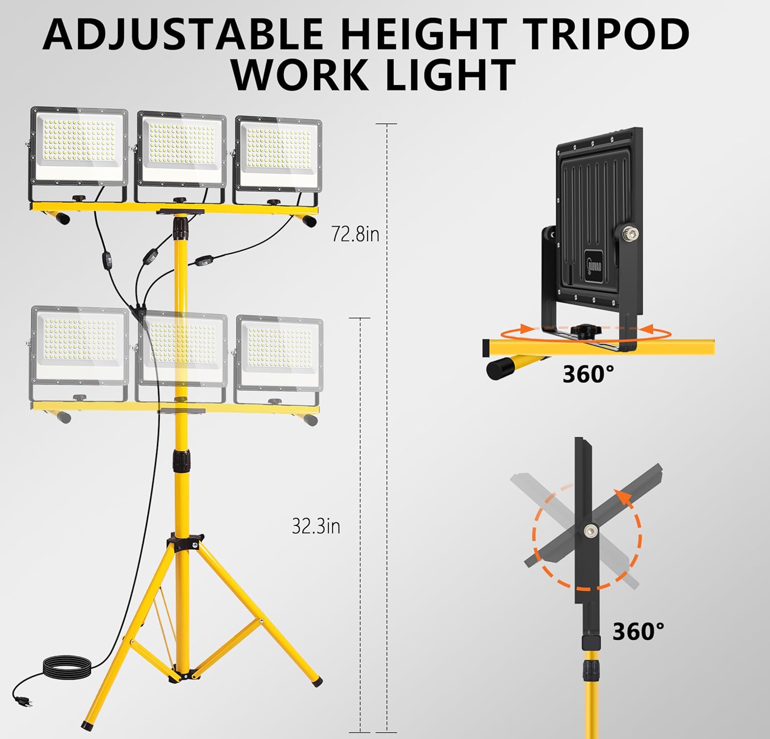45000 Lumen LED Work Lights with Stand - 3 Head Portable Work Light with Tripod - IP65 Waterproof Tripod Work Lights for Outdoor Indoor Job Site Workshop Garage Construction Site Lighting - Image 6