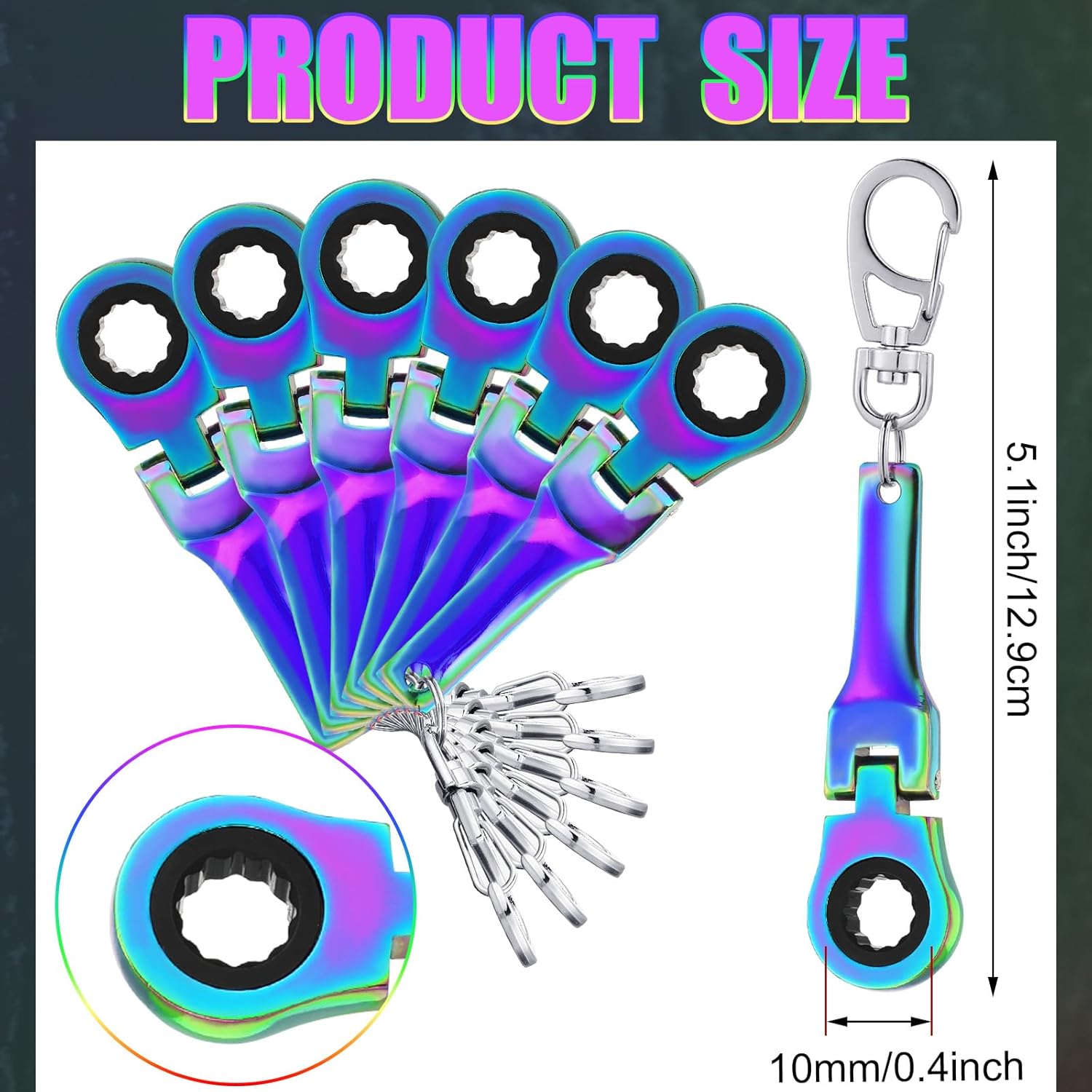 Remuuly 6 Pcs 10 mm Ratchet Wrench Keychain Key Ring Mechanic Gift Heavy Duty Wrench Key Ring (Colorful)
