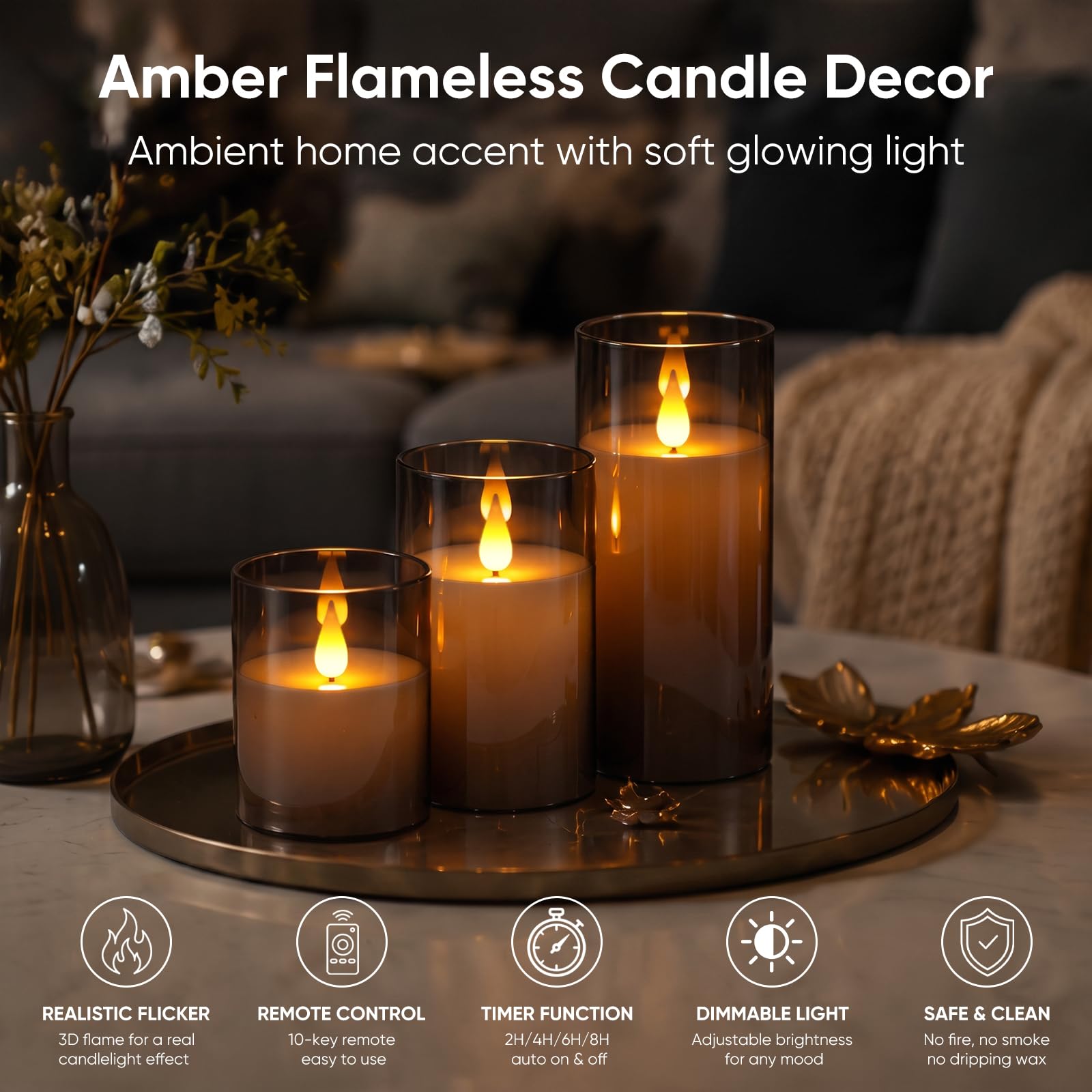 Homemory Juego de velas LED, gris, paquete de 3
