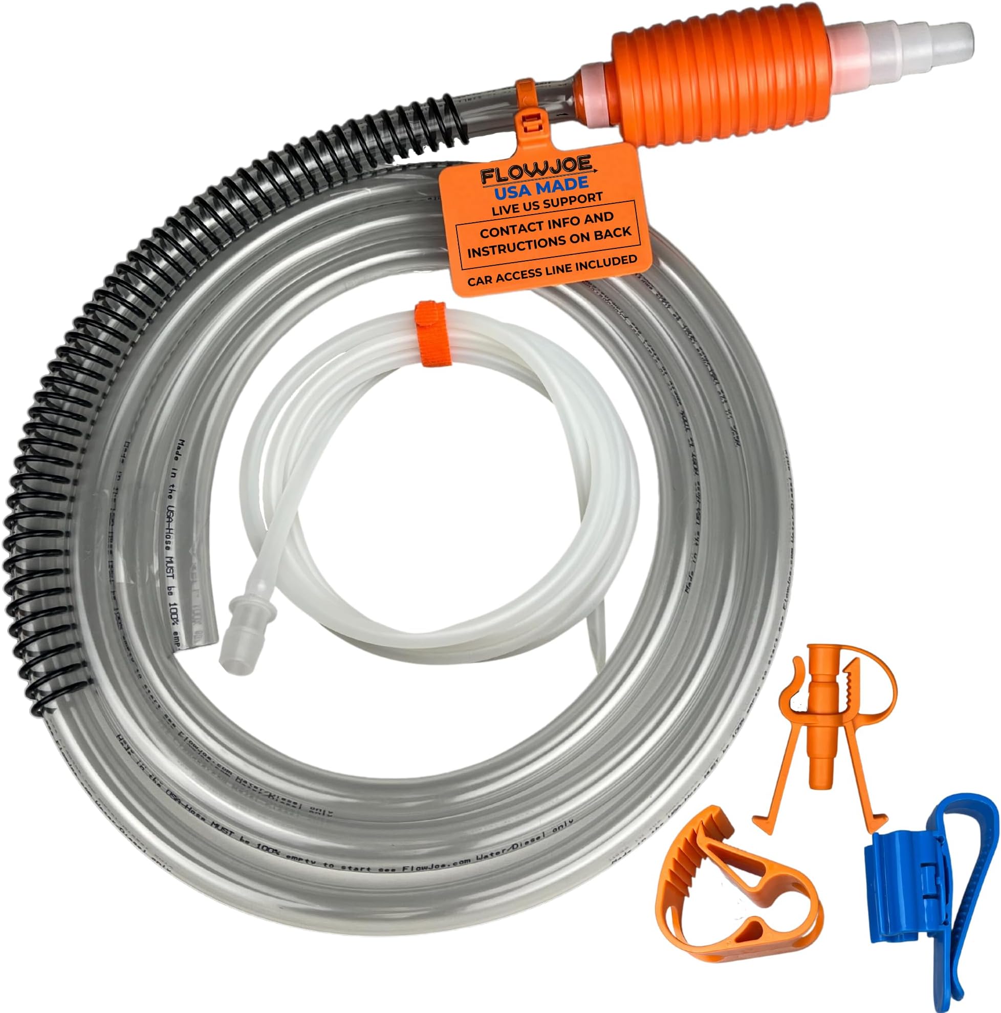 FlowJoe Handy Pump Fluid Transfer Siphon with Car Access Line - One-Year Warranty Made in USA with Live US Support - 14 Feet of Hose with Multiple Configurations - Moves 120 Gallons Per Hour