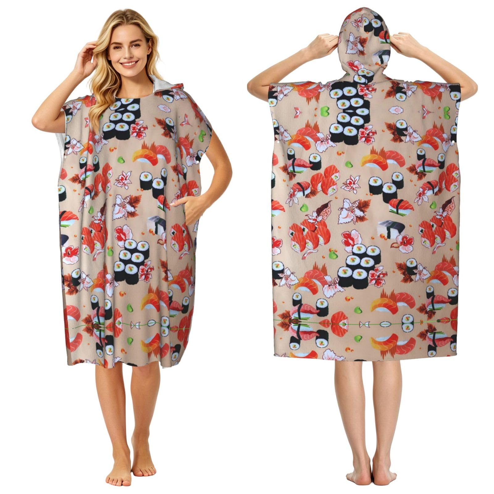 EZDLOWVBA Delicious Sushi Print Hooded Poncho Microfiber Beach Towel,Adult Women & Men Changing Robe,Lightweight Summer Surf Swim Bath Poncho Towel