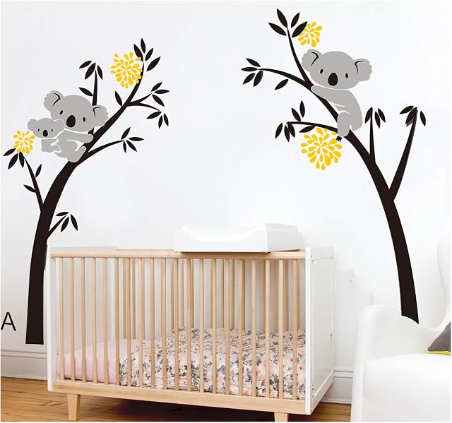 Mon and Baby Koala and Tree Branch Wall Decals Animal Tree Wall Art Decals for Kids Baby Nursery Living Room (Yellow)