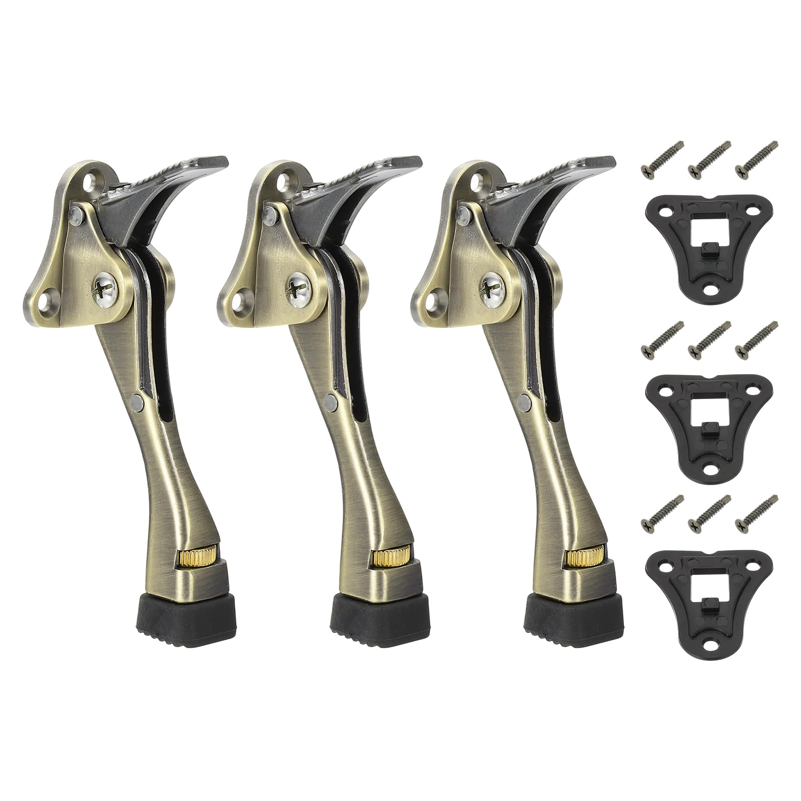 sourcing map 3 Set Kickdown Door Stopper, 4.7" Aluminum Alloy Kick Down Door Stoppers for Bottom of Doors One Touch Adjustable Doors Holder with Non-Slip Rubber Tip and Screws for Home, Brass