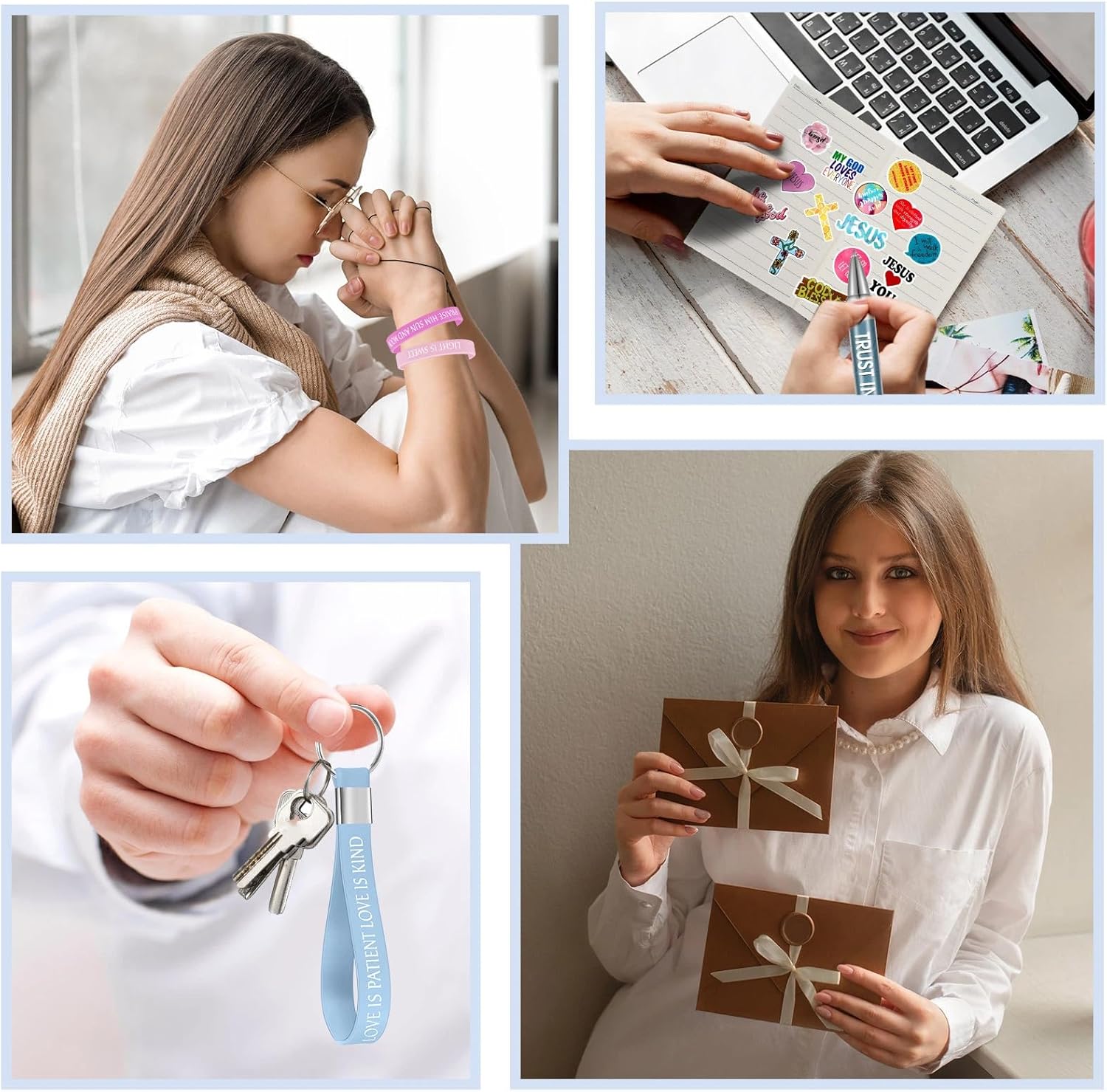 Yeaqee 146 Pcs Christian Gifts Set Bulk Include 24 Bible Verses Pens 24 Bible Notebooks 24 Scripture Quotes Bracelets 24 Inspirational Keychains 50 Jesus Christian Stickers for Mother's Day(Trendy)