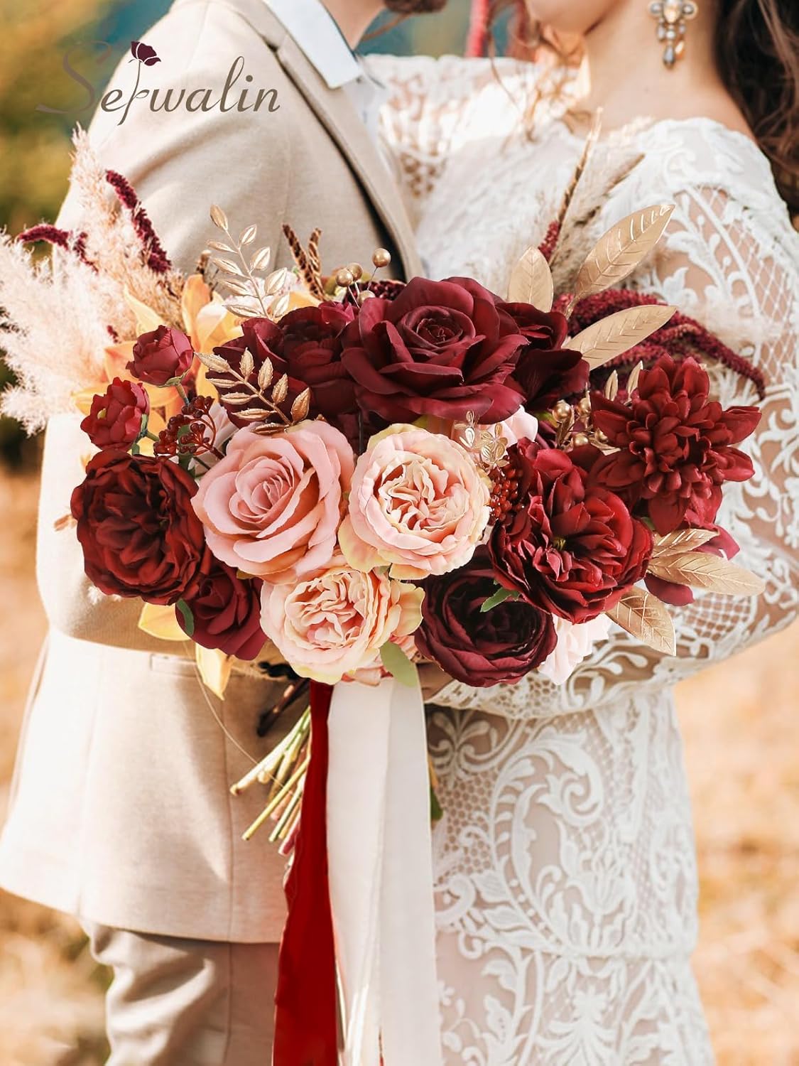 Serwalin 2Pcs Artificial Flowers Burgundy Pink Fake Flowers for Bridal Bouquets Wedding Decorations Cake Flowers for Home Party Table Centerpieces Arrangements Decor Indoor Outdoor