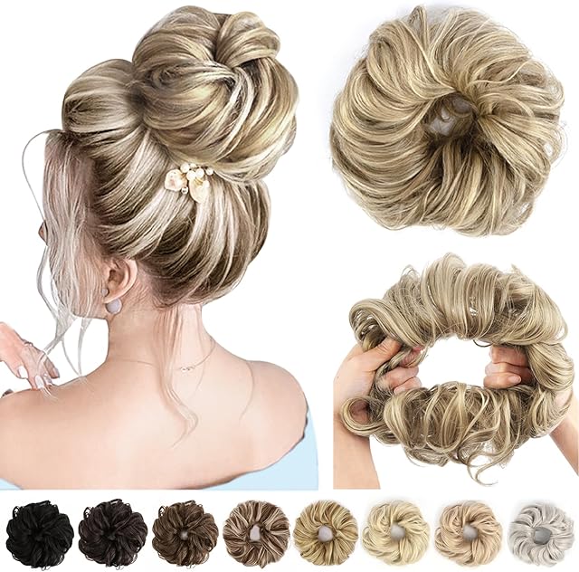 Vlasy Messy Bun Hair Piece for Women,Curly Wavy Hair Scrunchies Bun Extensions Hairpieces,Synthetic Hair Chignons Accessories Updo for Girls(18/22#,60g)