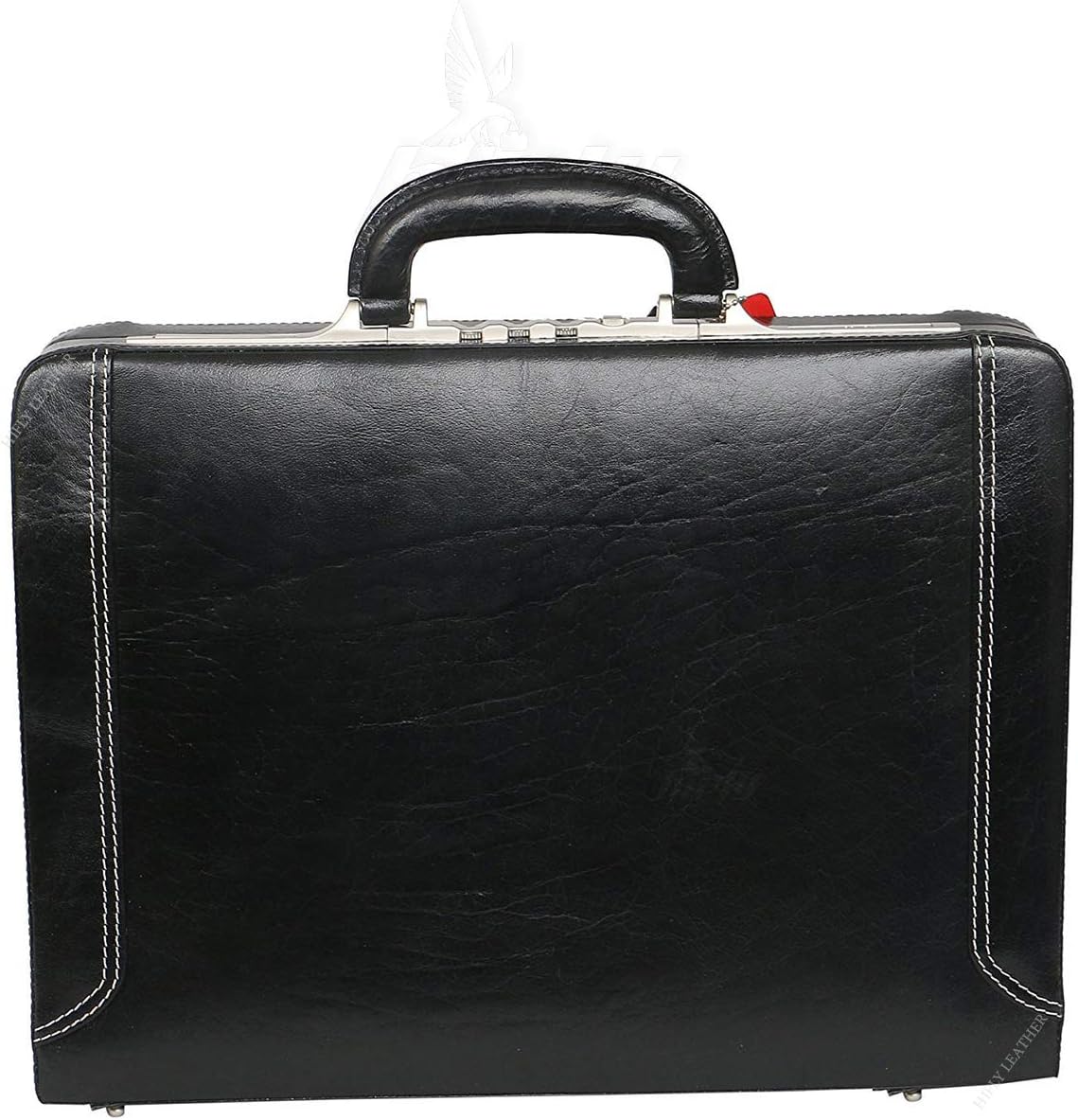 Hifly Leather Briefcase for Men - Unisex - Round Corner Strap Over - Hard Briefcase - Office Bag - Leather Accessories - 3 Digit Combo Italy Lock - Suitcase - 15.6" Laptop Briefcase - Luggage - Black