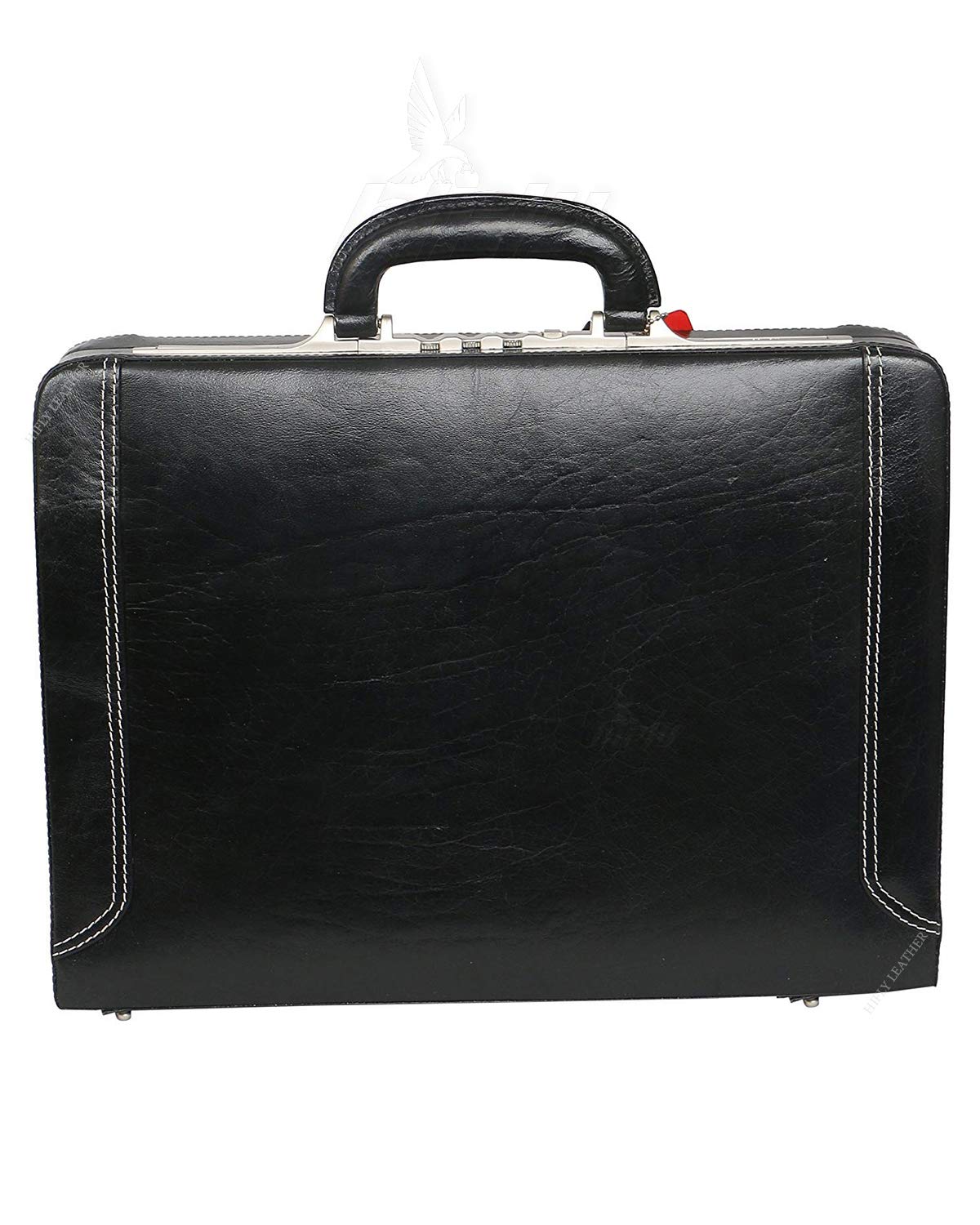 Hifly Leather Briefcase for Men - Unisex - Round Corner Strap Over - Hard Briefcase - Office Bag - Leather Accessories - 3 Digit Combo Italy Lock - Suitcase - 15.6" Laptop Briefcase - Luggage - Black