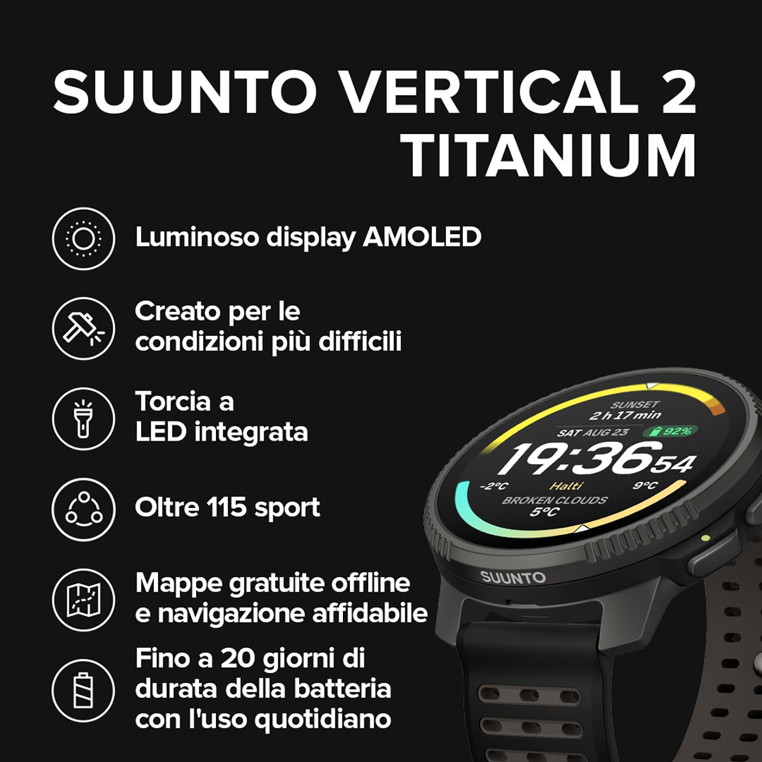 SUUNTO Vertical 2 Orologio da Avventura, GPS Dual-Band, 115+ Modalità Sportive, Touchscreen da 1,5 pollici, Mappe Offline Globali Gratuite, Autonomia della Batteria di 40 Giorni