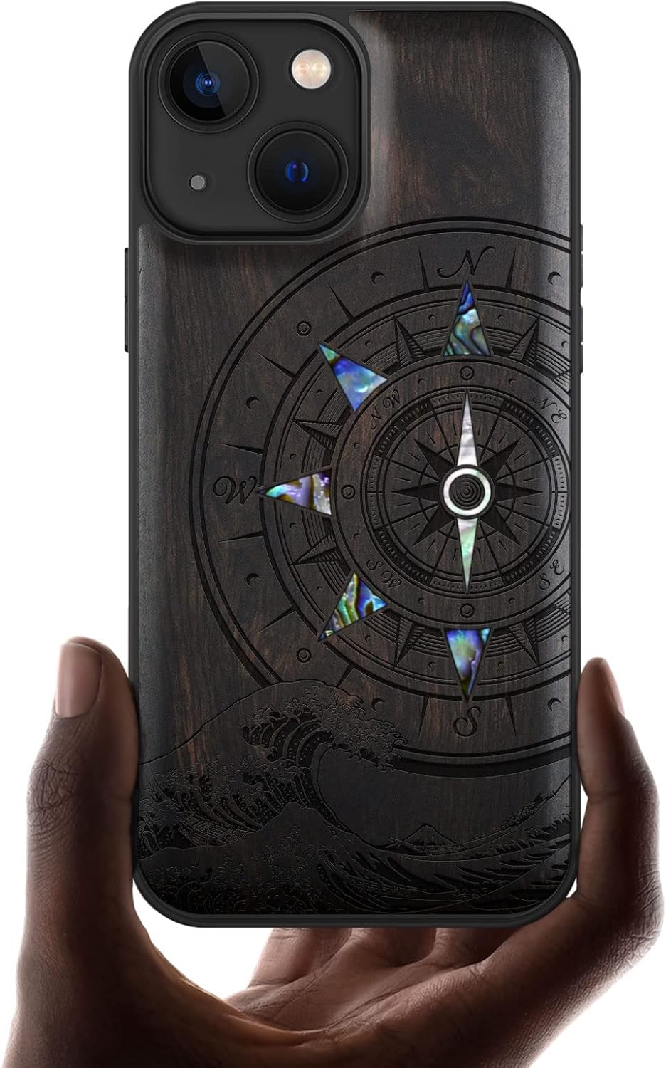 Carveit Designer Wooden Protective Case for iPhone 13 Magnetic Cover [Wood Engraving & Shell Inlay] Wood Phone Case Compatible with iPhone 13 MagSafe (Sea Wave Compass-Blackwood)