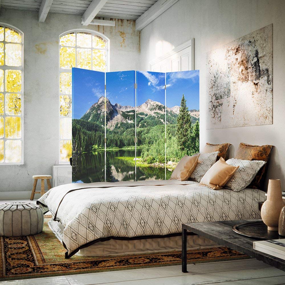Feeby Paravent Paysage 4 Panneaux 145x150 cm Deux Côtés Cloison de séparation Écran Pliant Foto Paravent Interieur Décoratif Mur Espagnol Impression sur Toile Chambre d'enfant Salon Bureau Bleu