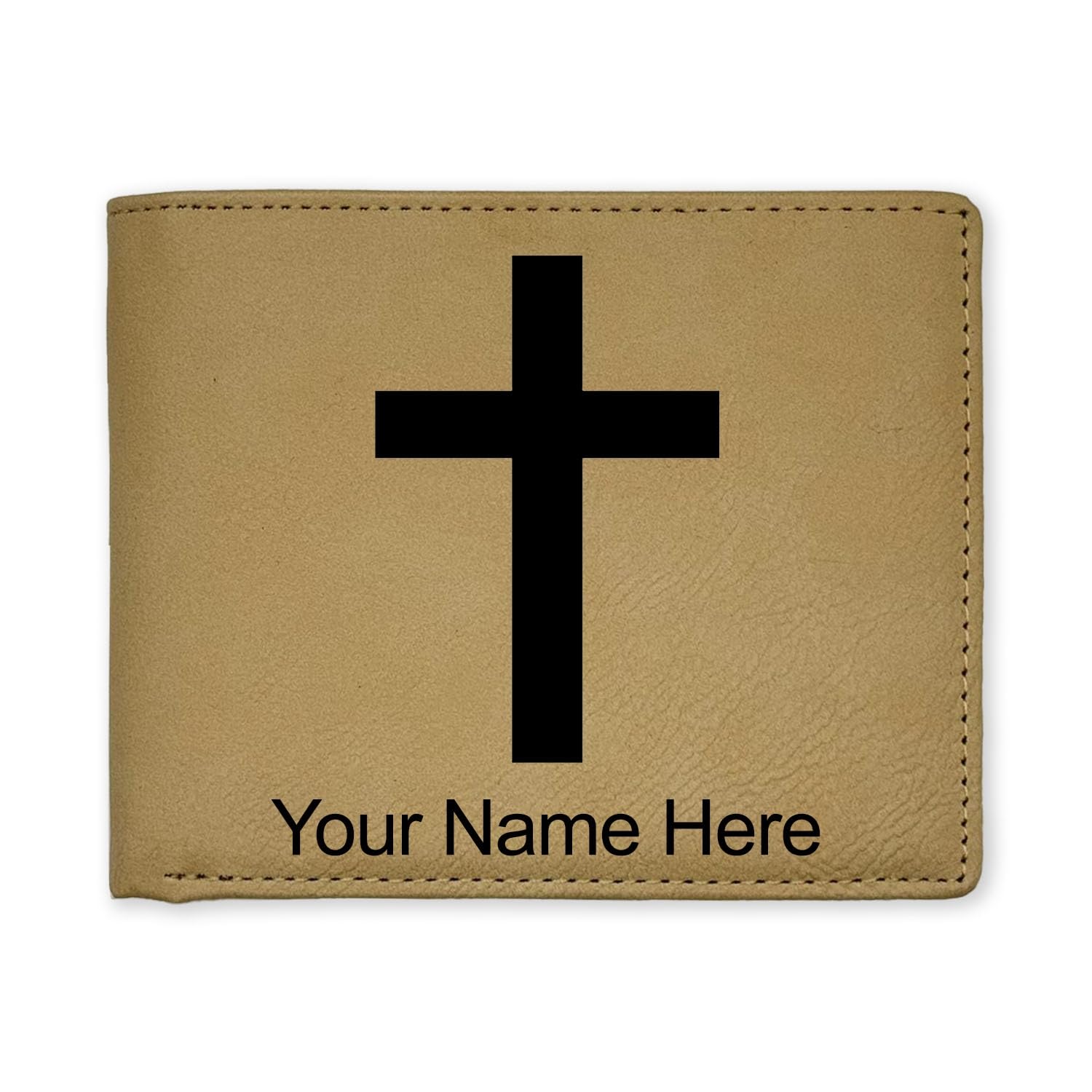 LaserGram Faux Leather Bi-Fold Wallet, Christian Cross, Personalized Engraving Included (Beige)