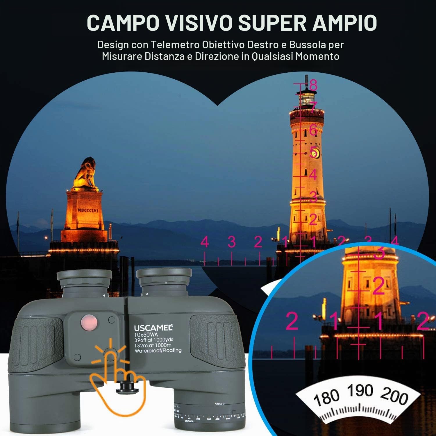 USCAMEL 10X50 Binocolo Marino per Adulti con Telemetro Bussola, Binocolo Marino per Adulti per Vela Nautica