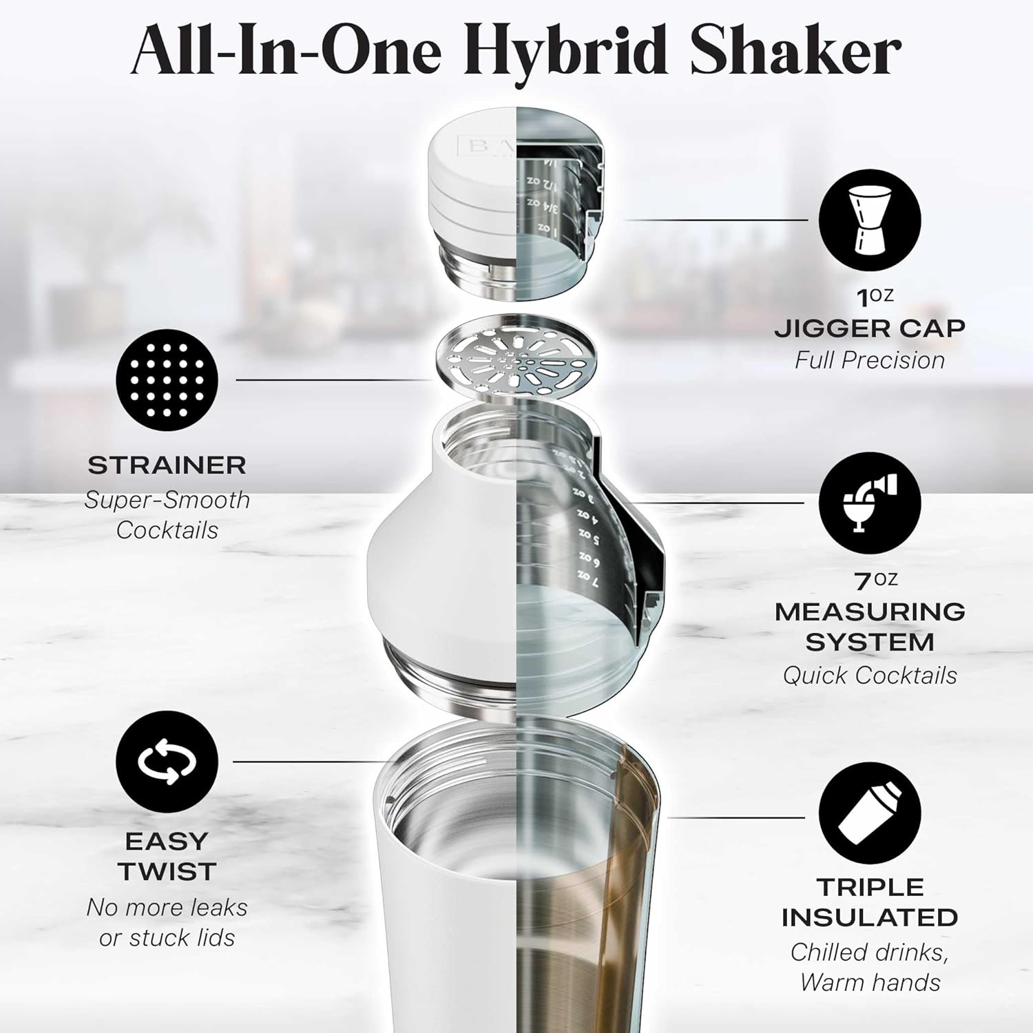 BARE BARREL Insulated Cocktail Shaker Set | Double Wall Stainless Steel | Martini Shaker for Home Bar Bartending | Built-in Drink Measure System & Strainer, Travel Bag, Recipes | Gift Set (Matt White) - Image 4