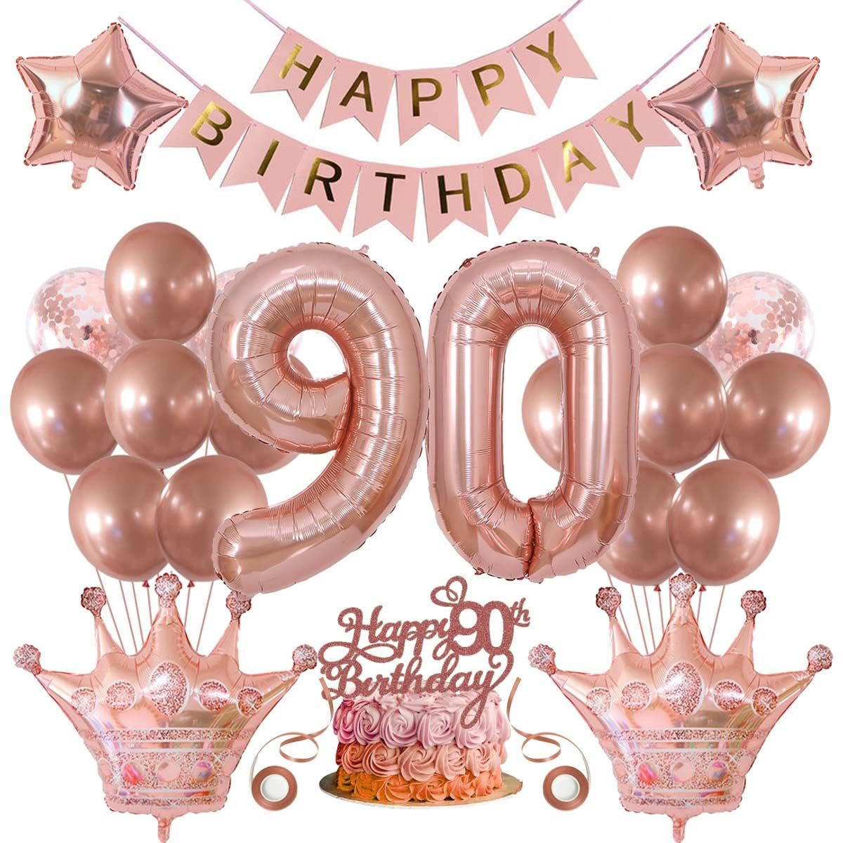 90th Birthday Decorations for Women - Rose Gold Cake Decoration, Balloons and Party Supplies for 90 Year Old Woman