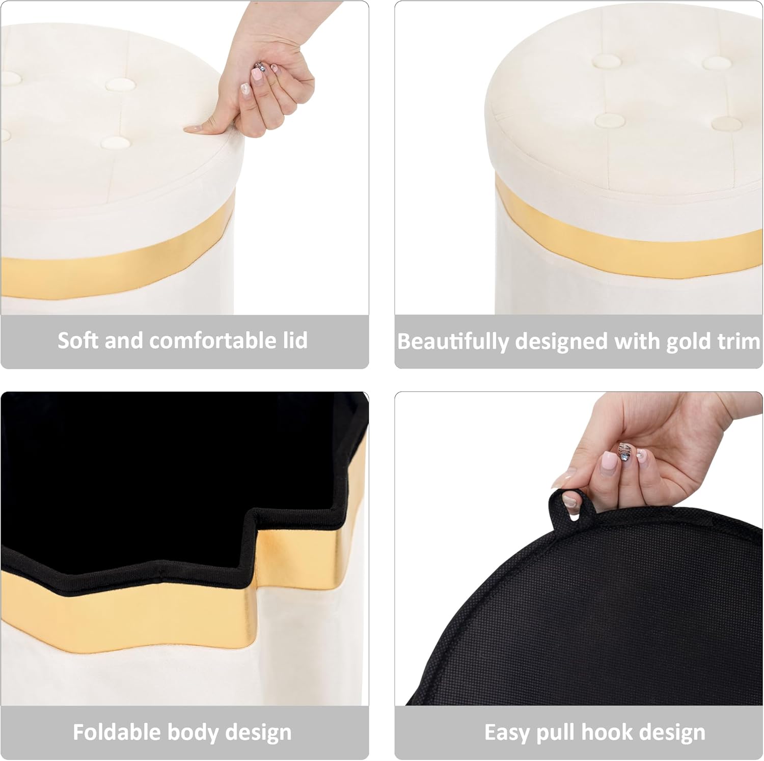 Small Ottoman with Storage,Folding Round Ottoman with Gold Trim,Velvet Storage Stool,Foot Stool with Soft Padded,Foot Rest for Living Room13“x13”x12.4(Beige,2pcs)