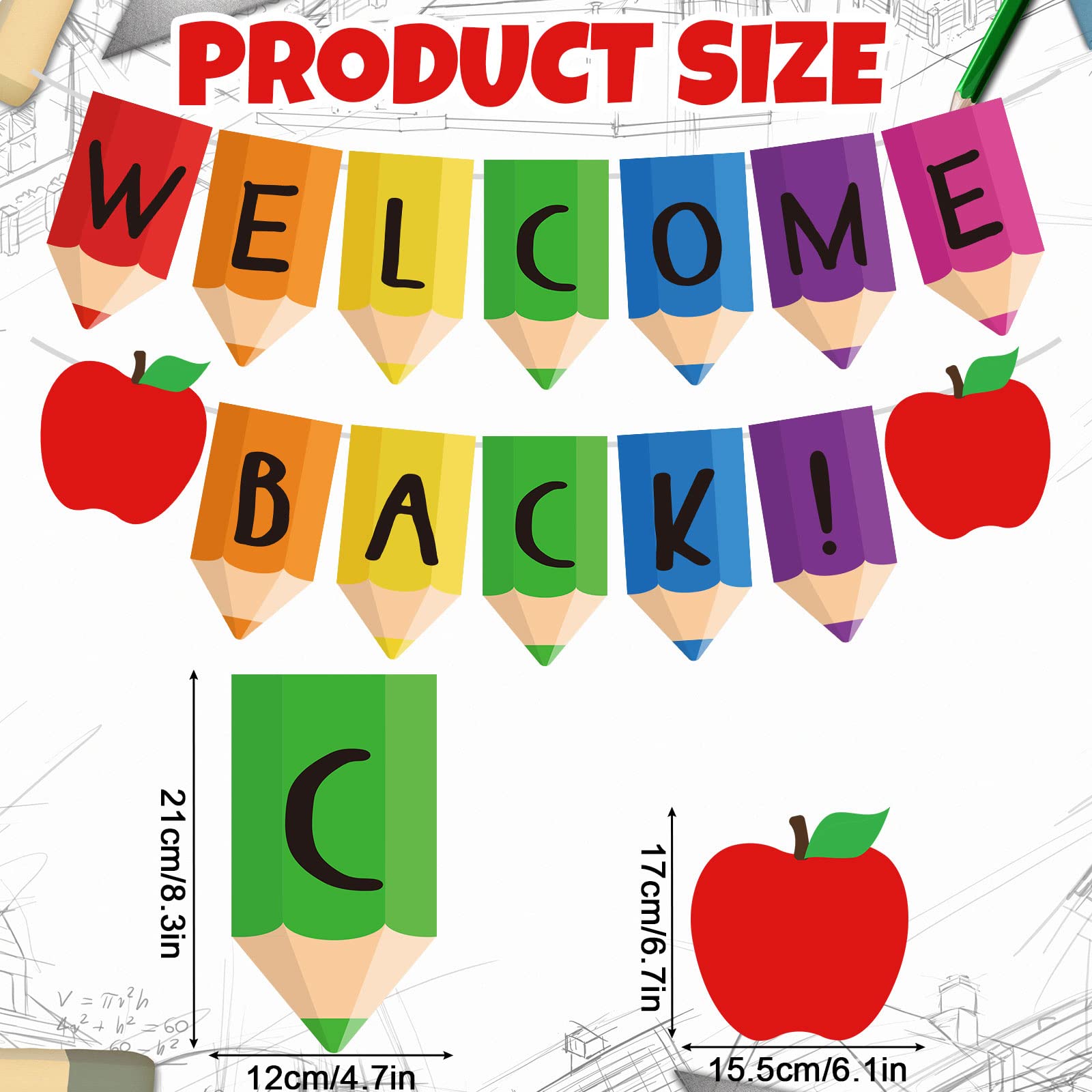 AnyDesign Banner de regreso a la escuela, 2 cuerdas, guirnalda de banderines de bienvenida de vuelta a la escuela, tablero de anuncios premontado, bonito lápiz de manzana, pancarta decorativa colgante