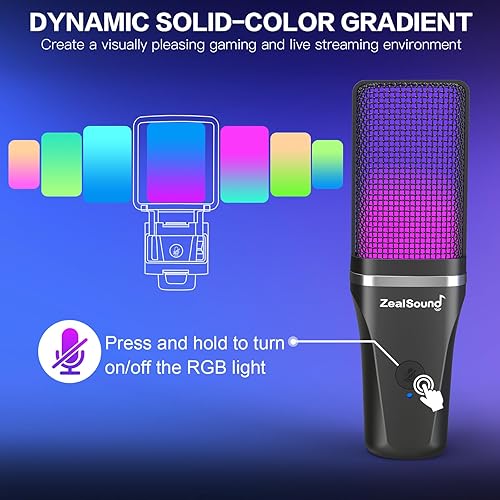Miniatura 2 de ZealSound Micrófono USB para juegos para PC, micrófono de computadora de condensador RGB con soporte para trípode, silencio rápido, control de