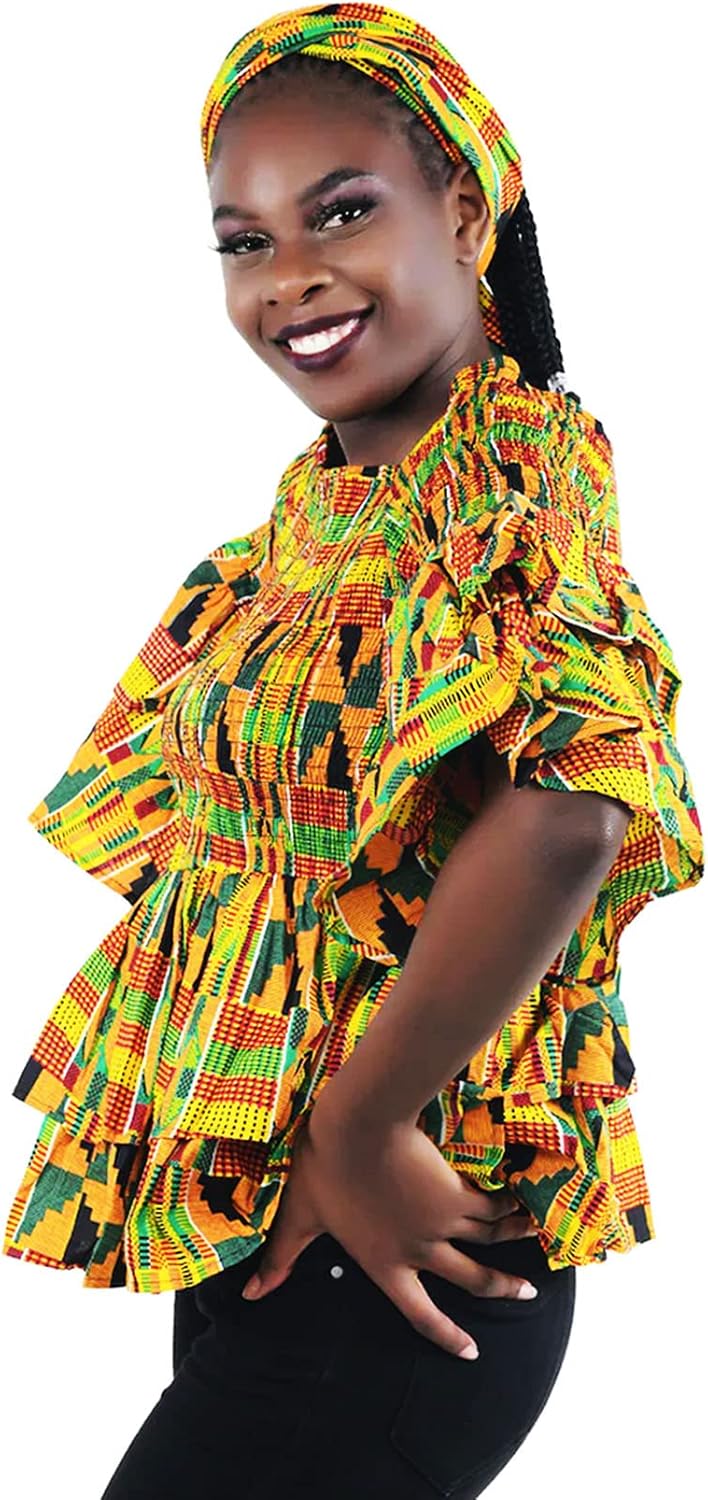 Women's African Print Tops Kente Ruffled Trumpet Sleeve Blouse - Image 2