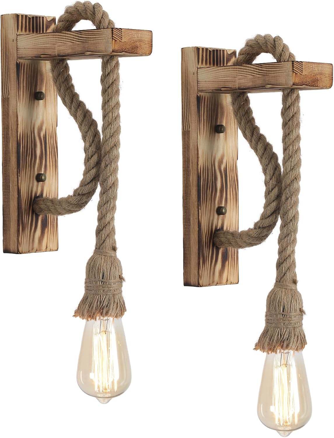 Farmhouse Wood Sconces Wall Lighting for Bedroom,Rustic Wall Mount Sconce with Wood Bracket & Adjustable Hemp Rope, Rustic Wall Lamp for Bedroom Entryway Hallway Living Room.