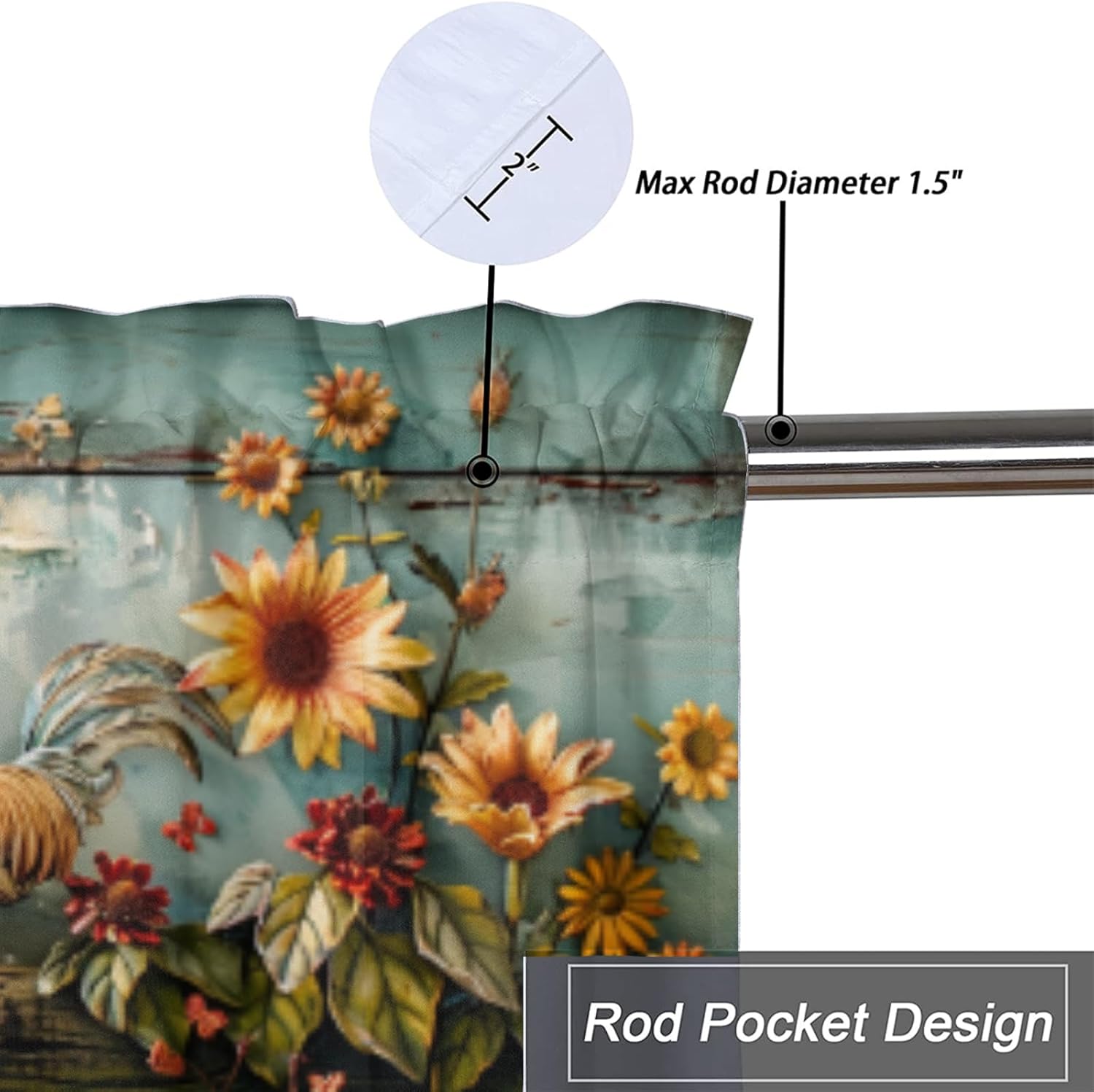 Rooster, Valances Curtains for Kitchen Windows American Western Farm Watercolor Sunflower Chicken Rod Pocket Valance Curtain for Living Room Bedroom 54x18inch(2Pcs)