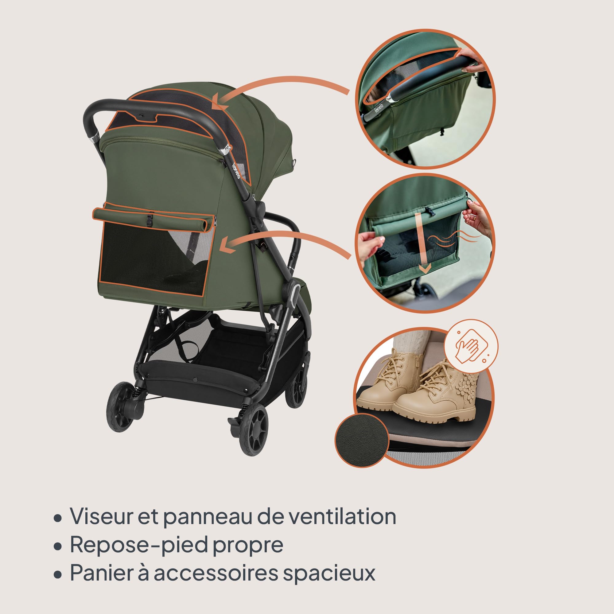 LIONELO Poussette Bébé Bess jusqu'à 22 kg de 6 mois à 4 ans Roues Pivotantes en PU 360 ° Pliage avec Une Main, Dossier Réglable, Canopy Imperméable Poids Léger 7,5 kg, Panier à Courses (Green)
